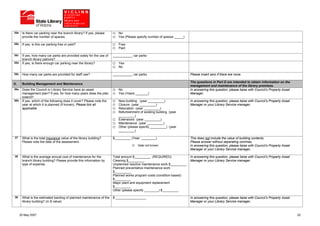 35a    Is there car parking near the branch library? If yes, please       No
       provide the number of spaces.                                      Yes (Please specify number of spaces _____)

35b    If yes, is this car parking free or paid?                          Free
                                                                          Paid

35c    If yes, how many car parks are provided solely for the use of   ___________ car parks
       branch library patrons?
35d    If yes, is there enough car parking near the library?              Yes
                                                                          No

35e    How many car parks are provided for staff use?                  ___________ car parks                            Please insert zero if there are none.

                                                                                                                        The questions in Part D are intended to obtain information on the
D.     Building Management and Maintenance
                                                                                                                        management and maintenance of the library premises.
36a    Does the Council or Library Service have an asset                  No                                            In answering this question, please liaise with Council’s Property Asset
       management plan? If yes, for how many years does the plan          Yes (Years _______)                           Manager.
       extend?
36b    If yes, which of the following does it cover? Please note the      New building (year _________)                 In answering this question, please liaise with Council’s Property Asset
       year at which it is planned (if known). Please tick all            Closure (year _________)                      Manager or your Library Service manager.
       applicable.                                                        Relocation (year _________)
                                                                          Refurbishment of existing building (year
                                                                          _________)
                                                                          Extensions (year _________)
                                                                          Maintenance (year _________)
                                                                          Other (please specify _________) (year
                                                                          _________)

37     What is the total insurance value of the library building?      $_________ (Year: ________)                      This does not include the value of building contents.
       Please note the date of the assessment.                                                                          Please answer without separating commas.
                                                                                       Date not known                   In answering this question, please liaise with Council’s Property Asset
                                                                                                                        Manager or your Library Service manager.

38     What is the average annual cost of maintenance for the          Total amount $_________ (REQUIRED)               In answering this question, please liaise with Council’s Property Asset
       branch library building? Please provide this information by     Cleaning $_________                              Manager or your Library Service manager.
       type of expense.                                                Unplanned reactive maintenance work $_________
                                                                       Planned preventative maintenance work
                                                                       $_________
                                                                       Planned works program costs (condition-based)
                                                                       $_________
                                                                       Major plant and equipment replacement
                                                                       $_________
                                                                       Other (please specify ________) $_________

39     What is the estimated backlog of planned maintenance of the     $ _________________                              In answering this question, please liaise with Council’s Property Asset
       library building? (in $ value)                                                                                   Manager or your Library Service manager.



      25 May 2007                                                                                                                                                                                 20
 