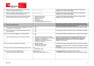 40     What was the capital expenditure on the branch library          $ _________________                                  In answering this question, please liaise with Council’s Property Asset
       building in the 06/07 financial year? ($)                                                                            Manager or your Library Service manager.

41     What is the projected capital expenditure on the branch         $ _________________                                  In answering this question, please liaise with Council’s Property Asset
       library building for the 07/08 financial year? ($)                                                                   Manager or your Library Service manager.

42     Does the Local Authority/ library service carry out regular        Less than every 5 years                           In answering this question, please liaise with Council’s Property Asset
       building condition surveys? If yes, at what intervals?             Between 2 and 5 years                             Manager or your Library Service manager.
                                                                          Every second year
                                                                          Every year
                                                                          Several times a year
                                                                          No, regular condition surveys are not done

                                                                                                                            The questions in Part E are intended to obtain information on library
E.     Planning and Development                                                                                             development planning. Please liaise with the manager of your Library
                                                                                                                            Service in completing this section of the survey.
43a    Are major refurbishments/ extensions required to the existing      Yes                                               In answering this question, please liaise with your Library Service manager.
       building within the next five years?                               No

43b    Is the site able to accommodate future expansion of the            Yes                                               In answering this question, please liaise with your Library Service manager.
       library if required?                                               No

44a    Are major alterations planned to the existing building?            Yes                                               In answering this question, please liaise with your Library Service manager.
                                                                          No

       If yes, please indicate which of the following is involved -       Refurbishment of existing branch building         Please note that this section of the survey does NOT deal with any
                                                                          Demolition and replacement of branch building -   totally new branch libraries to be constructed on new sites. This
                                                                          completely on the present site                    information will be provided by your Library Service Manager in
                                                                          Replacement of the branch building and            Question 7 of the survey
                                                                          relocation to another site

44b    If yes, when is it expected to be operational?                     less than two years                               In answering this question, please liaise with your Library Service manager.
                                                                          between two and four years
                                                                          more than four years time                         Operational means the time at which construction is complete and the library
                                                                                                                            is operating.
44c    If yes, what is the proposed additional floor space (if any)?   (m2) _______                                         In answering this question, please liaise with your Library Service manager.
                                                                          No extra floor space

44d    If yes, what is the likely budget (in $) for -                  Capital building: $_______                           This excludes budget for book stock and other resources.
       (Please indicate to the nearest $100,000).                      Internal assets (eg shelving etc): $_______          In answering this question, please liaise with your Library Service manager.




      25 May 2007                                                                                                                                                                                      21
 