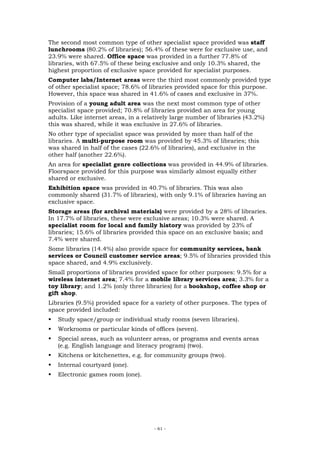 The second most common type of other specialist space provided was staff
lunchrooms (80.2% of libraries); 56.4% of these were for exclusive use, and
23.9% were shared. Office space was provided in a further 77.8% of
libraries, with 67.5% of these being exclusive and only 10.3% shared, the
highest proportion of exclusive space provided for specialist purposes.
Computer labs/Internet areas were the third most commonly provided type
of other specialist space; 78.6% of libraries provided space for this purpose.
However, this space was shared in 41.6% of cases and exclusive in 37%.
Provision of a young adult area was the next most common type of other
specialist space provided; 70.8% of libraries provided an area for young
adults. Like internet areas, in a relatively large number of libraries (43.2%)
this was shared, while it was exclusive in 27.6% of libraries.
No other type of specialist space was provided by more than half of the
libraries. A multi-purpose room was provided by 45.3% of libraries; this
was shared in half of the cases (22.6% of libraries), and exclusive in the
other half (another 22.6%).
An area for specialist genre collections was provided in 44.9% of libraries.
Floorspace provided for this purpose was similarly almost equally either
shared or exclusive.
Exhibition space was provided in 40.7% of libraries. This was also
commonly shared (31.7% of libraries), with only 9.1% of libraries having an
exclusive space.
Storage areas (for archival materials) were provided by a 28% of libraries.
In 17.7% of libraries, these were exclusive areas; 10.3% were shared. A
specialist room for local and family history was provided by 23% of
libraries; 15.6% of libraries provided this space on an exclusive basis; and
7.4% were shared.
Some libraries (14.4%) also provide space for community services, bank
services or Council customer service areas; 9.5% of libraries provided this
space shared, and 4.9% exclusively.
Small proportions of libraries provided space for other purposes: 9.5% for a
wireless internet area; 7.4% for a mobile library services area; 3.3% for a
toy library; and 1.2% (only three libraries) for a bookshop, coffee shop or
gift shop.
Libraries (9.5%) provided space for a variety of other purposes. The types of
space provided included:
   Study space/group or individual study rooms (seven libraries).
   Workrooms or particular kinds of offices (seven).
   Special areas, such as volunteer areas, or programs and events areas
   (e.g. English language and literacy program) (two).
   Kitchens or kitchenettes, e.g. for community groups (two).
   Internal courtyard (one).
   Electronic games room (one).




                                      - 61 -
 