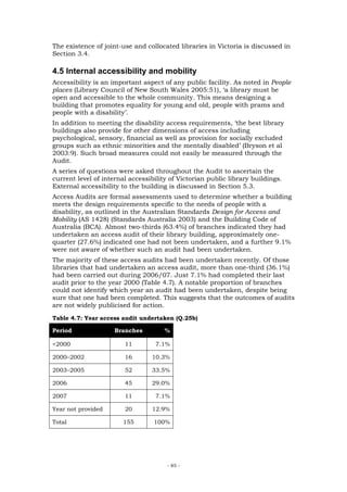 The existence of joint-use and collocated libraries in Victoria is discussed in
Section 3.4.

4.5 Internal accessibility and mobility
Accessibility is an important aspect of any public facility. As noted in People
places (Library Council of New South Wales 2005:51), ‘a library must be
open and accessible to the whole community. This means designing a
building that promotes equality for young and old, people with prams and
people with a disability’.
In addition to meeting the disability access requirements, ‘the best library
buildings also provide for other dimensions of access including
psychological, sensory, financial as well as provision for socially excluded
groups such as ethnic minorities and the mentally disabled’ (Bryson et al
2003:9). Such broad measures could not easily be measured through the
Audit.
A series of questions were asked throughout the Audit to ascertain the
current level of internal accessibility of Victorian public library buildings.
External accessibility to the building is discussed in Section 5.3.
Access Audits are formal assessments used to determine whether a building
meets the design requirements specific to the needs of people with a
disability, as outlined in the Australian Standards Design for Access and
Mobility (AS 1428) (Standards Australia 2003) and the Building Code of
Australia (BCA). Almost two-thirds (63.4%) of branches indicated they had
undertaken an access audit of their library building, approximately one-
quarter (27.6%) indicated one had not been undertaken, and a further 9.1%
were not aware of whether such an audit had been undertaken.
The majority of these access audits had been undertaken recently. Of those
libraries that had undertaken an access audit, more than one-third (36.1%)
had been carried out during 2006/07. Just 7.1% had completed their last
audit prior to the year 2000 (Table 4.7). A notable proportion of branches
could not identify which year an audit had been undertaken, despite being
sure that one had been completed. This suggests that the outcomes of audits
are not widely publicised for action.
Table 4.7: Year access audit undertaken (Q.25b)

Period               Branches         %

<2000                   11         7.1%

2000–2002               16       10.3%

2003–2005               52       33.5%

2006                    45       29.0%

2007                    11         7.1%

Year not provided       20       12.9%

Total                   155       100%




                                       - 85 -
 