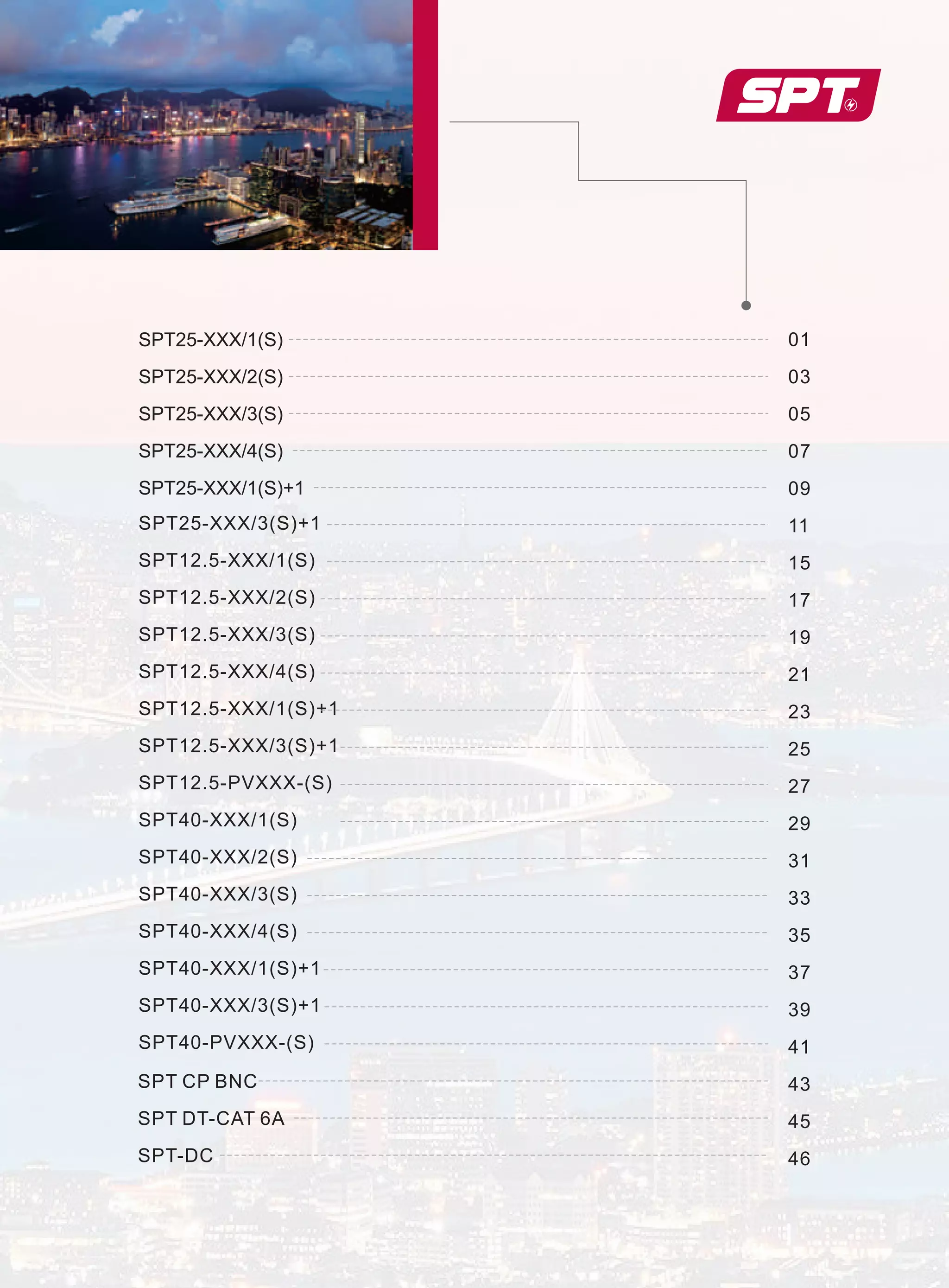 01
03
05
07
09
11
15
17
19
21
23
25
27
29
31
33
35
37
39
41
43
45
46
SPT25-XXX/1(S)
SPT25-XXX/2(S)
SPT25-XXX/3(S)
SPT25-XXX/4(S)
SPT25-XXX/1(S)+1
SPT25-XXX/3(S)+1
SPT12.5-XXX/1(S)
SPT12.5-XXX/2(S)
SPT12.5-XXX/3(S)
SPT12.5-XXX/4(S)
SPT12.5-XXX/1(S)+1
SPT12.5-XXX/3(S)+1
SPT40-XXX/1(S)
SPT40-XXX/2(S)
SPT40-XXX/3(S)
SPT40-XXX/4(S)
SPT40-XXX/1(S)+1
SPT40-XXX/3(S)+1
SPT40-PVXXX-(S)
SPT DT-CAT 6A
SPT CP BNC
SPT12.5-PVXXX-(S)
SPT-DC
 