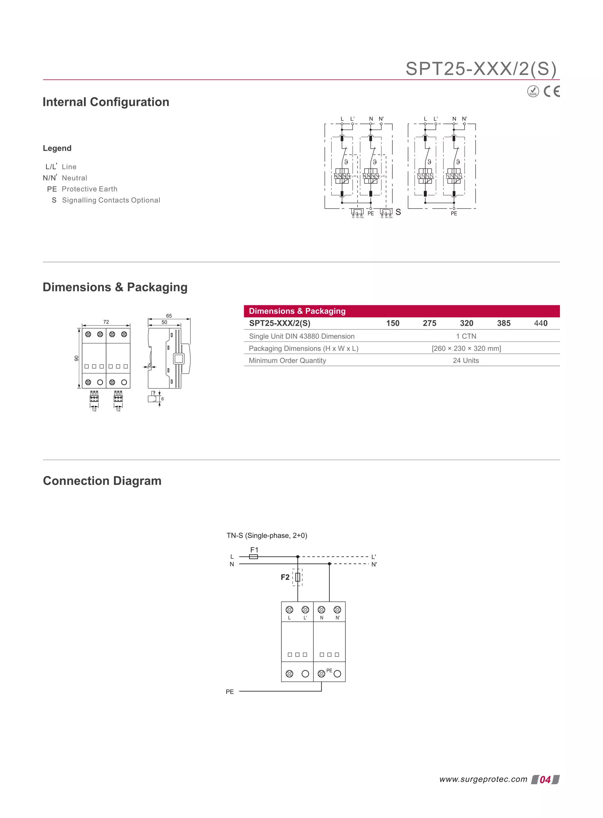 RoHS
04
Dimensions  Packaging
Internal Conﬁguration
Legend
Connection Diagram
www.surgeprotec.com
SPT25-XXX/2(S)
Dimensions  Packaging
SPT25-XXX/2(S) 150 275 320 385 440
Single Unit DIN 43880 Dimension 1 CTN
Packaging Dimensions (H x W x L) [260 × 230 × 320 mm]
Minimum Order Quantity 24 Units
L/L
N/N
Protective Earth
S Signalling Contacts Optional
Line
Neutral
PE
′
′
 