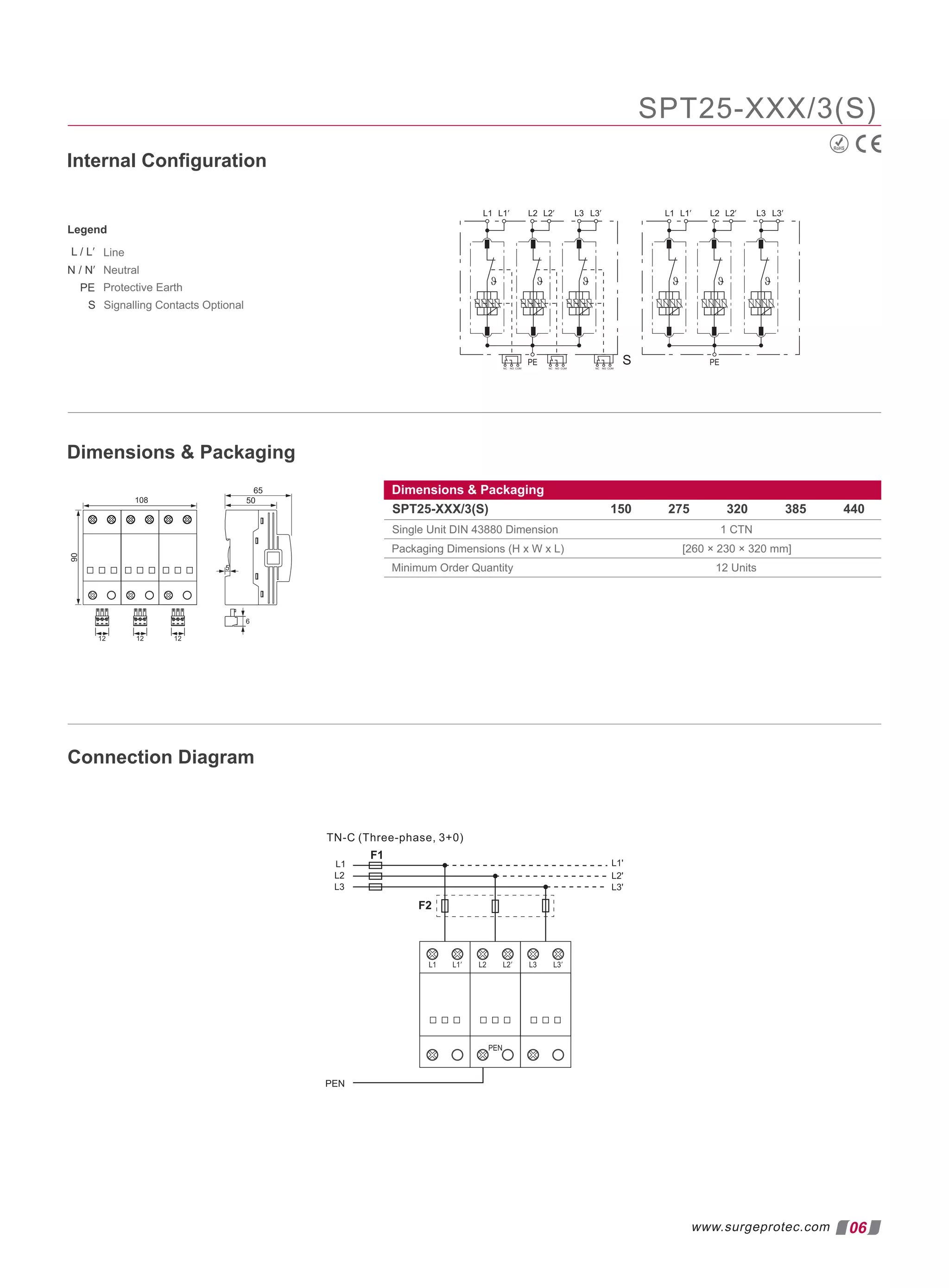 RoHS
Protective Earth
S Signalling Contacts Optional
Line
Neutral
PE
L / ′
L
N / ′
N
SPT25-XXX/3(S)
06
Dimensions  Packaging
Legend
Internal Conﬁguration
Connection Diagram
www.surgeprotec.com
Dimensions  Packaging
SPT25-XXX/3(S) 150 275 320 385 440
Single Unit DIN 43880 Dimension 1 CTN
Packaging Dimensions (H x W x L) [260 × 230 × 320 mm]
Minimum Order Quantity 12 Units
 