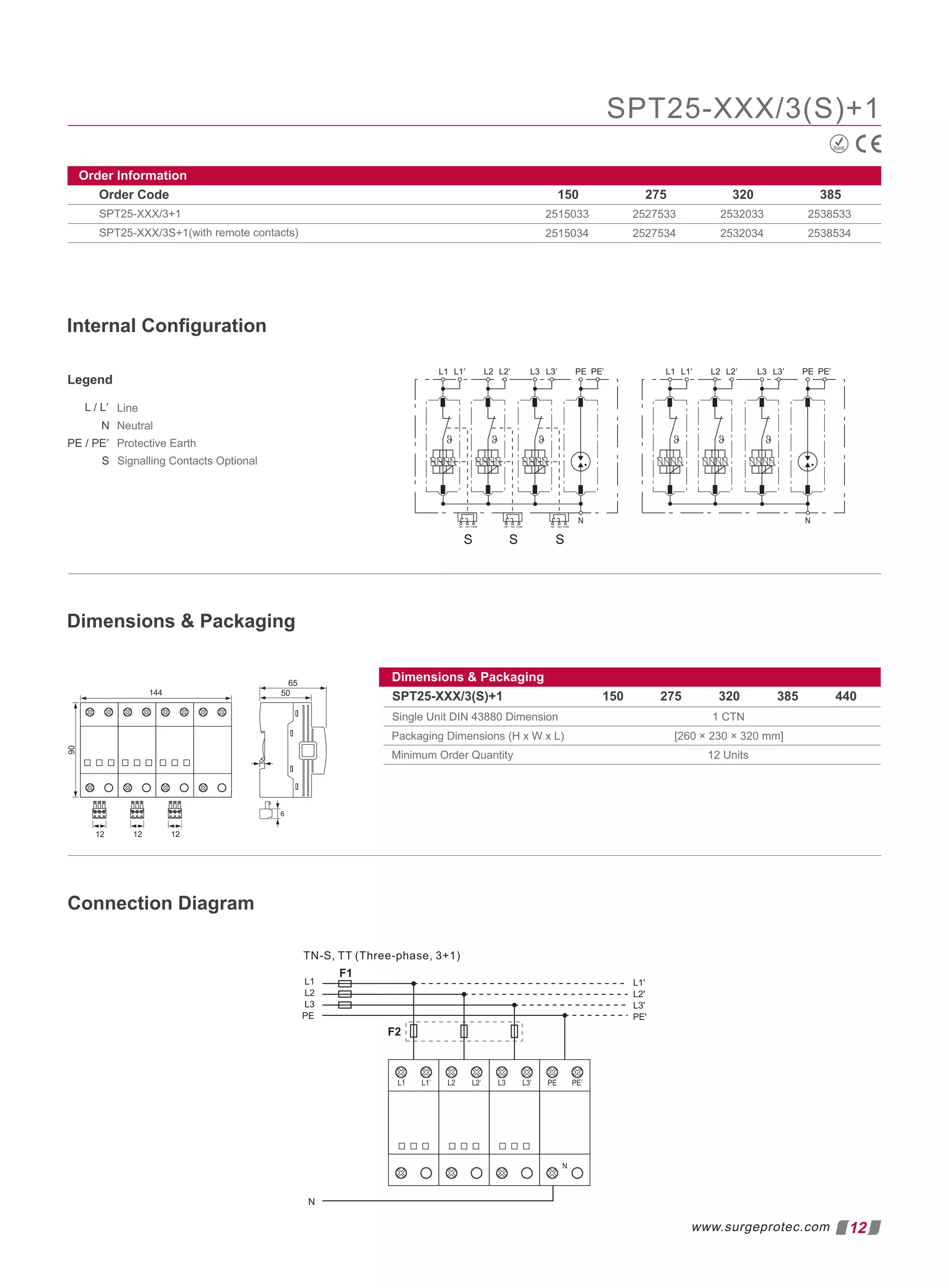 12
www.surgeprotec.com
SPT25-XXX/3(S)+1
Order Code 150 275 320 385
SPT25-XXX/3+1
(with remote contacts)
SPT25-XXX/3S+1
2515033
2515034
2527533
2527534
2532033
2532034
2538533
2538534
Order Information
SPT25-XXX/3(S)+1 150 275 320 385 440
Single Unit DIN 43880 Dimension 1 CTN
Packaging Dimensions (H x W x L) [260 × 230 × 320 mm]
Minimum Order Quantity 12 Units
Protective Earth
S Signalling Contacts Optional
Line
Neutral
L / ′
L
N
PE PE
/ ′
RoHS
Dimensions  Packaging
Dimensions  Packaging
Legend
Internal Conﬁguration
Connection Diagram
 