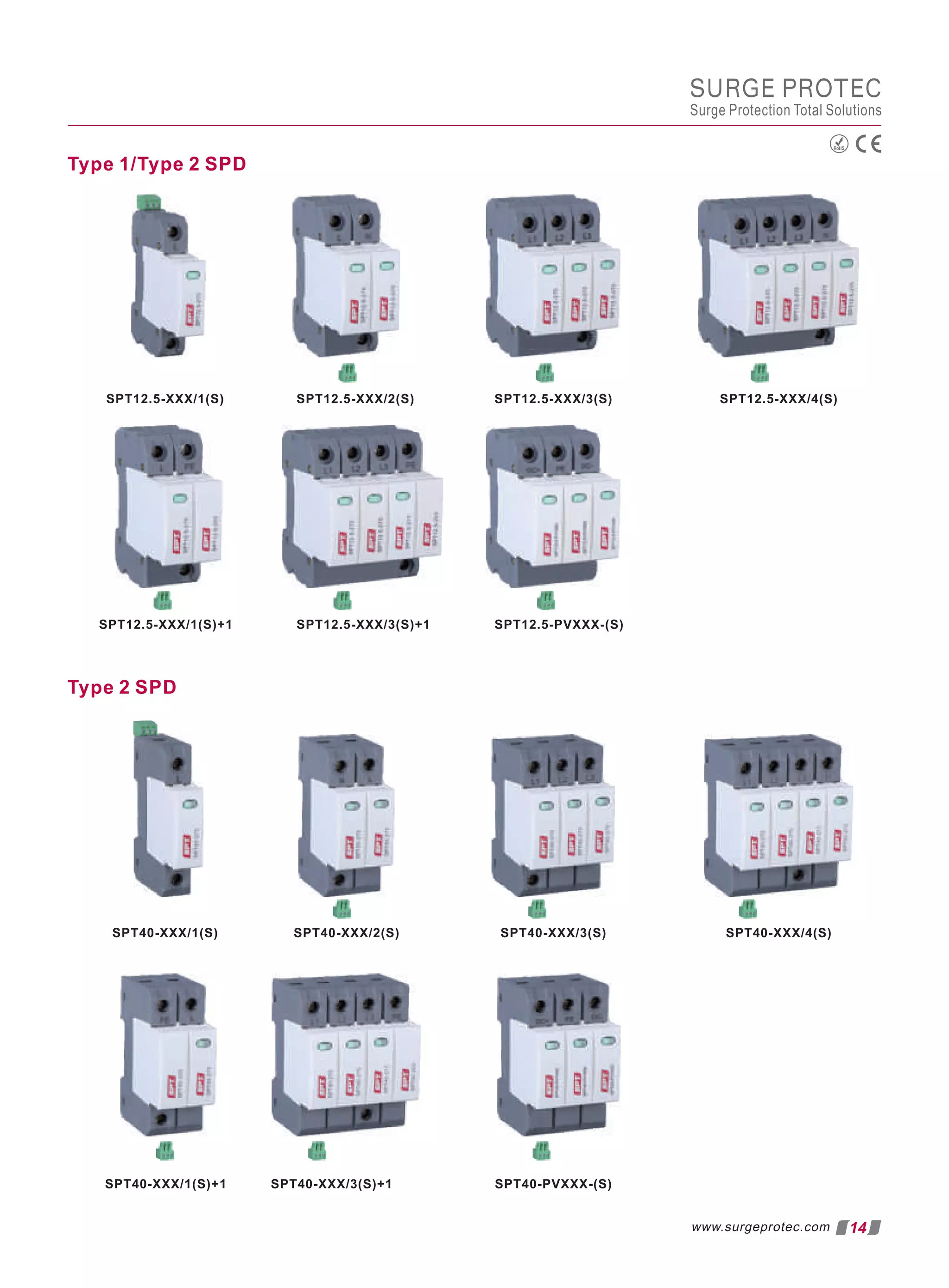 Type 1/Type 2 SPD
Type 2 SPD
RoHS
14
www.surgeprotec.com
SPT12.5-XXX/1(S) SPT12.5-XXX/2(S) SPT12.5-XXX/3(S) SPT12.5-XXX/4(S)
SPT12.5-XXX/1(S)+1 SPT12.5-XXX/3(S)+1
SPT40-XXX/1(S) SPT40-XXX/2(S) SPT40-XXX/3(S) SPT40-XXX/4(S)
SPT40-XXX/1(S)+1 SPT40-XXX/3(S)+1
SURGE PROTEC
Surge Protection Total Solutions
SPT40-PVXXX-(S)
SPT12.5-PVXXX-(S)
 