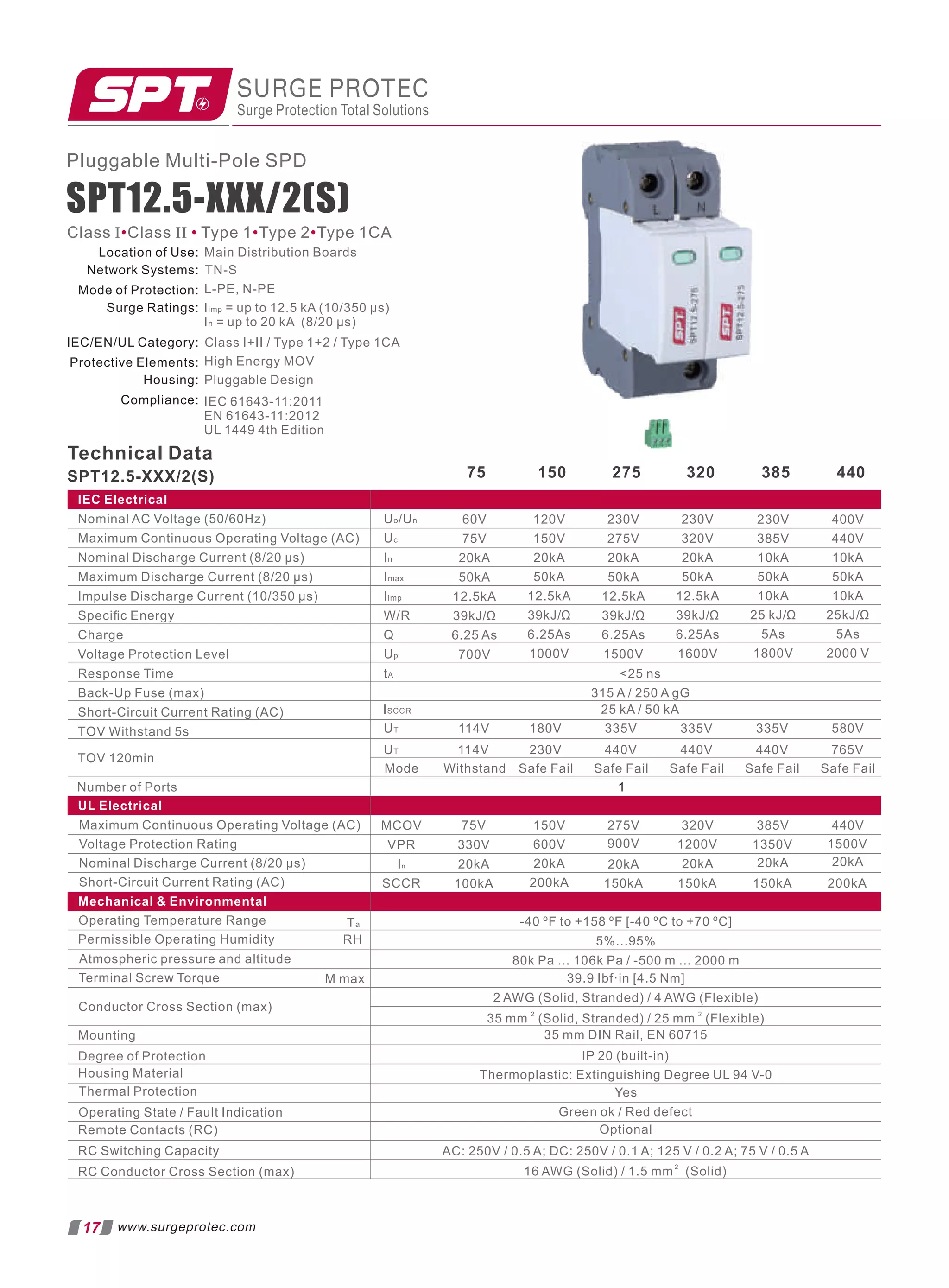 Technical Data
SPT12.5-XXX/2(S) 75 150 275 320 385 440
SURGE PROTEC
Surge Protection Total Solutions
17
Class I Class II Type 1 Type 2 Type 1CA
• • • •
www.surgeprotec.com
SPT12.5-XXX/2(S)
Pluggable Multi-Pole SPD
Mechanical  Environmental
Operating Temperature Range Ta -40 ºF to +158 ºF [-40 ºC to +70 ºC]
Permissible Operating Humidity RH 5%...95%
Atmospheric pressure and altitude 80k Pa ... 106k Pa / -500 m ... 2000 m
Terminal Screw Torque M max 39.9 Ibf·in [4.5 Nm]
Conductor Cross Section (max)
2 AWG (Solid, Stranded) / 4 AWG (Flexible)
2 2
35 mm (Solid, Stranded) / 25 mm (Flexible)
Mounting 35 mm DIN Rail, EN 60715
Degree of Protection IP 20 (built-in)
Housing Material Thermoplastic: Extinguishing Degree UL 94 V-0
Thermal Protection
Operating State / Fault Indication Green ok / Red defect
Remote Contacts (RC)
RC Switching Capacity AC: 250V / 0.5 A; DC: 250V / 0.1 A; 125 V / 0.2 A; 75 V / 0.5 A
RC Conductor Cross Section (max)
2
16 AWG (Solid) / 1.5 mm (Solid)
Optional
Yes
UL Electrical
MCOV
VPR
In
SCCR
Maximum Continuous Operating Voltage (AC)
Voltage Protection Rating
Nominal Discharge Current (8/20 µs)
Short-Circuit Current Rating (AC)
75V
330V
20kA
100kA
150V
600V
20kA
200kA
275V 320V 385V 440V
900V 1200V 1350V 1500V
20kA
20kA 20kA 20kA
150kA 200kA
150kA
150kA
IEC Electrical
Nominal AC Voltage (50/60Hz)
Maximum Continuous Operating Voltage (AC)
Nominal Discharge Current (8/20 µs)
Maximum Discharge Current (8/20 µs)
Impulse Discharge Current (10/350 µs)
Speciﬁc Energy
Charge
Voltage Protection Level
Response Time
Back-Up Fuse (max)
Short-Circuit Current Rating (AC)
TOV Withstand 5s
TOV 120min
Uo/Un
Uc
In
Imax
Iimp
W/R
Q
Up
tA
315 A / 250 A gG
ISCCR 25 kA / 50 kA
UT
UT
Mode Withstand Safe Fail Safe Fail Safe Fail Safe Fail Safe Fail
114V
114V
180V
230V
335V
440V
335V
440V
335V
440V
580V
765V
25 ns
60V
75V
20kA
50kA
12.5kA
39kJ/Ω
6.25 As
700V
120V
150V
20kA
50kA
12.5kA
39kJ/Ω
6.25As
1000V
230V
275V
20kA
50kA
12.5kA
39kJ/Ω
6.25As
1500V
230V
320V
20kA
50kA
12.5kA
39kJ/Ω
6.25As
1600V
230V
385V
10kA
50kA
10kA
25 kJ/Ω
5As
1800V
400V
440V
10kA
50kA
10kA
25kJ/Ω
5As
2000 V
Number of Ports 1
Location of Use:
Network Systems:
Mode of Protection:
Surge Ratings:
IEC/EN/UL Category:
Protective Elements:
Housing:
Compliance:
Main Distribution Boards
TN-S
L-PE, N-PE
Iimp = up to 12.5 kA (10/350 µs)
In = up to 20 kA (8/20 µs)
Class I+II / Type 1+2 / Type 1CA
High Energy MOV
Pluggable Design
IEC 61643-11:2011
EN 61643-11:2012
UL 1449 4th Edition
 