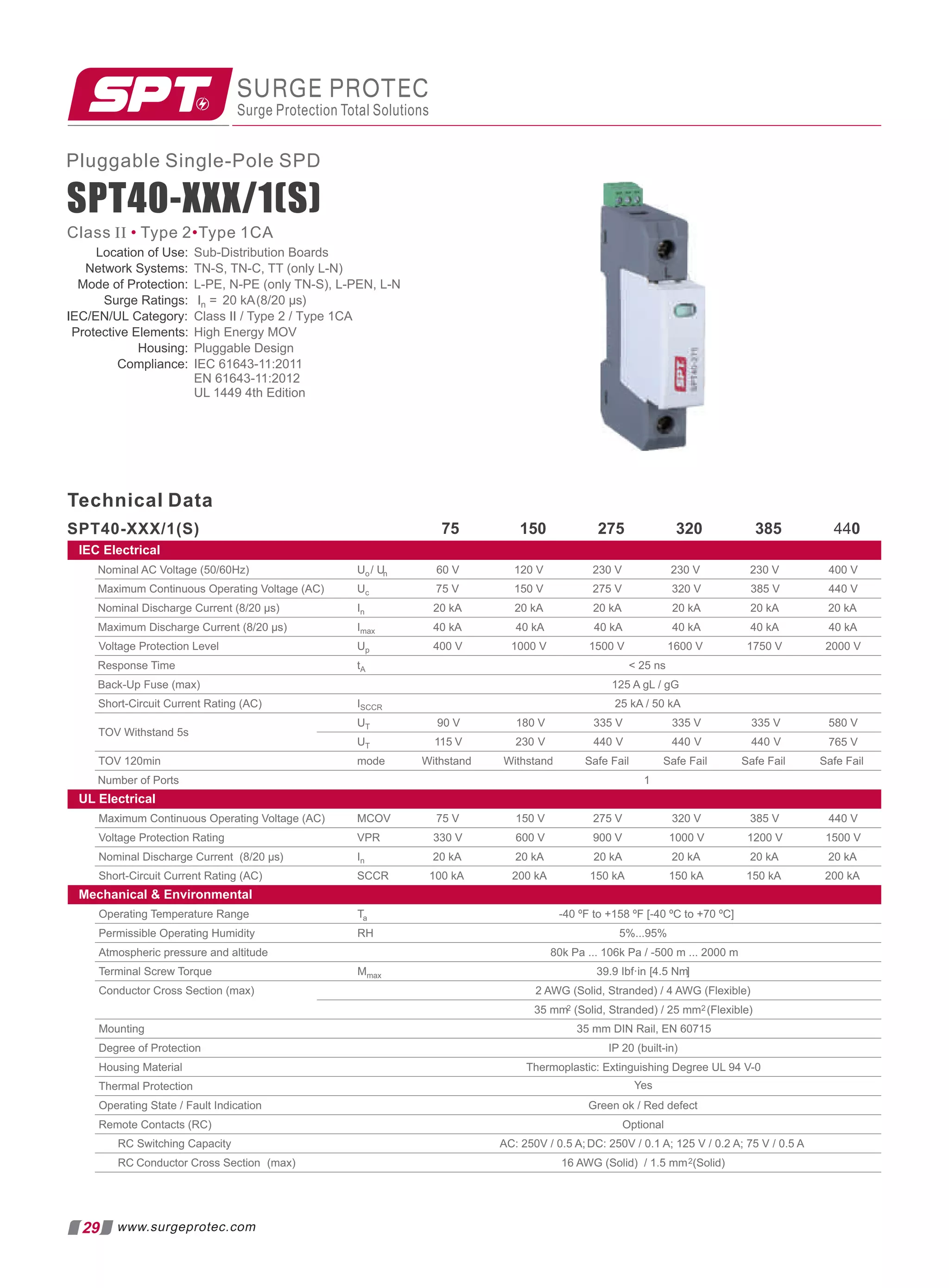 Location of Use: Sub-Distribution Boards
Network Systems: TN-S, TN-C, TT (only L-N)
Mode of Protection: L-PE, N-PE (only TN-S), L-PEN, L-N
Surge Ratings: In = 20 kA(8/20 µs)
IEC/EN/UL Category: Class II / Type 2 / Type 1CA
Protective Elements: High Energy MOV
Housing: Pluggable Design
Compliance: IEC 61643-11:2011
EN 61643-11:2012
UL 1449 4th Edition
SURGE PROTEC
Surge Protection Total Solutions
Class II Type 2 Type 1CA
• •
29 www.surgeprotec.com
Technical Data
SPT40-XXX/1(S) 75 150 275 320 385 440
Pluggable Single-Pole SPD
SPT40-XXX/1(S)
Mechanical  Environmental
-40 ºF to +158 ºF [-40 ºC to +70 ºC]
5%...95%
80k Pa ... 106k Pa / -500 m ... 2000 m
Ta
RH
Mmax 39.9 Ibf·in [4.5 Nm]
2 AWG (Solid, Stranded) / 4 AWG (Flexible)
35 mm2 (Solid, Stranded) / 25 mm2 (Flexible)
35 mm DIN Rail, EN 60715
IP 20 (built-in)
Thermoplastic: Extinguishing Degree UL 94 V-0
Green ok / Red defect
Optional
AC: 250V / 0.5 A; DC: 250V / 0.1 A; 125 V / 0.2 A; 75 V / 0.5 A
Operating Temperature Range
Permissible Operating Humidity
Atmospheric pressure and altitude
Terminal Screw Torque
Conductor Cross Section (max)
Mounting
Degree of Protection
Housing Material
Thermal Protection
Operating State / Fault Indication
Remote Contacts (RC)
RC Switching Capacity
RC Conductor Cross Section (max) 16 AWG (Solid) / 1.5 mm2(Solid)
Yes
UL Electrical
MCOV 320 V 385 V 440 V
VPR 600 V 900 V 1000 V 1200 V 1500 V
In 20 kA 20 kA 20 kA 20 kA 20 kA
Maximum Continuous Operating Voltage (AC)
Voltage Protection Rating
Nominal Discharge Current (8/20 µs)
Short-Circuit Current Rating (AC) SCCR 150 kA
150 V
75 V
330 V
20 kA
150 kA 150 kA 200 kA
200 kA
100 kA
275 V
IEC Electrical
Nominal AC Voltage (50/60Hz) Uo/ Un 230 V 400 V
Maximum Continuous Operating Voltage (AC) Uc 320 V 385 V 440 V
Nominal Discharge Current (8/20 µs) In 20 kA 20 kA 20 kA 20 kA 20 kA
Maximum Discharge Current (8/20 µs) Imax 40 kA 40 kA 40 kA 40 kA 40 kA
230 V
230 V
275 V
20 kA
40 kA
120 V
150 V
60 V
75 V
Voltage Protection Level Up 1000 V 1500 V 1600 V 1750 V 2000 V
Response Time tA  25 ns
Back-Up Fuse (max)
Short-Circuit Current Rating (AC) ISCCR 25 kA / 50 kA
TOV Withstand 5s
UT 90 V 180 V 335 V 580 V
TOV 120min
UT 115 V 230 V 440 V
mode Withstand Safe Fail Safe Fail Safe Fail Safe Fail
Number of Ports 1
765 V
335 V
440 V
335 V
440 V
400 V
125 A gL / gG
Withstand
 