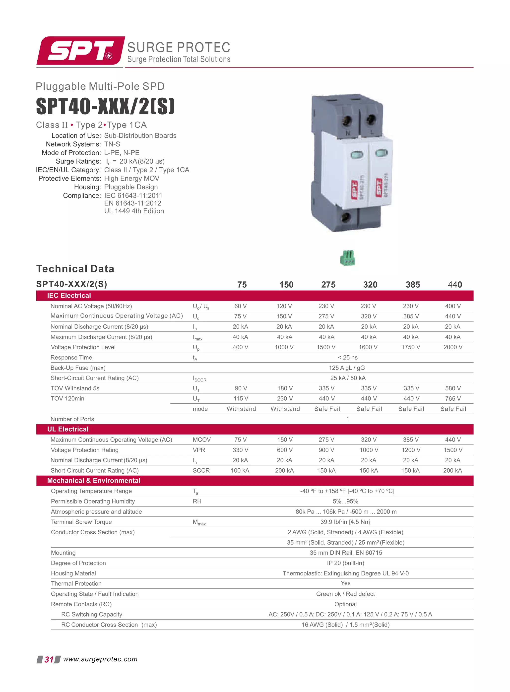 Location of Use: Sub-Distribution Boards
Network Systems: TN-S
Mode of Protection: L-PE, N-PE
Surge Ratings: In = 20 kA(8/20 µs)
IEC/EN/UL Category: Class II / Type 2 / Type 1CA
Protective Elements: High Energy MOV
Housing: Pluggable Design
Compliance: IEC 61643-11:2011
EN 61643-11:2012
UL 1449 4th Edition
Technical Data
SPT40-XXX/2(S) 75 150 275 320 385 440
IEC Electrical
Nominal AC Voltage (50/60Hz) Uo/ Un 230 V 400 V
Uc 320 V 385 V 440 V
Nominal Discharge Current (8/20 µs) In 20 kA 20 kA 20 kA 20 kA 20 kA
Maximum Discharge Current (8/20 µs) Imax 40 kA 40 kA 40 kA 40 kA 40 kA
230 V
230 V
275 V
20 kA
40 kA
120 V
150 V
60 V
75 V
Voltage Protection Level Up 1000 V 1500 V 1600 V 1750 V 2000 V
Response Time tA  25 ns
Back-Up Fuse (max)
Short-Circuit Current Rating (AC) ISCCR 25 kA / 50 kA
TOV Withstand 5s UT 90 V 180 V 335 V 580 V
TOV 120min UT 115 V 230 V 440 V
mode Withstand Safe Fail Safe Fail Safe Fail Safe Fail
Number of Ports 1
UL Electrical
Maximum Continuous Operating Voltage (AC) MCOV 320 V 385 V 440 V
Voltage Protection Rating VPR 600 V 900 V 1000 V 1200 V 1500 V
Nominal Discharge Current(8/20 µs) In 20 kA 20 kA 20 kA 20 kA 20 kA
Short-Circuit Current Rating (AC) SCCR 150 kA
Mechanical  Environmental
Ta -40 ºF to +158 ºF [-40 ºC to +70 ºC]
RH 5%...95%
80k Pa ... 106k Pa / -500 m ... 2000 m
Mmax 39.9 Ibf·in [4.5 Nm]
2 AWG (Solid, Stranded) / 4 AWG (Flexible)
35 mm2 (Solid, Stranded) / 25 mm2 (Flexible)
35 mm DIN Rail, EN 60715
IP 20 (built-in)
Thermoplastic: Extinguishing Degree UL 94 V-0
Green ok / Red defect
Optional
AC: 250V / 0.5 A;DC: 250V / 0.1 A; 125 V / 0.2 A; 75 V / 0.5 A
Operating Temperature Range
Permissible Operating Humidity
Atmospheric pressure and altitude
Terminal Screw Torque
Conductor Cross Section (max)
Mounting
Degree of Protection
Housing Material
Thermal Protection
Operating State / Fault Indication
Remote Contacts (RC)
RC Switching Capacity
RC Conductor Cross Section (max) 16 AWG (Solid) / 1.5 mm (Solid)
Yes
765 V
335 V
440 V
335 V
440 V
150 V
75 V
330 V
400 V
20 kA
150 kA 150 kA 200 kA
200 kA
100 kA
275 V
125 A gL / gG
Withstand
SPT40-XXX/2(S)
Pluggable Multi-Pole SPD
SURGE PROTEC
Surge Protection Total Solutions
31 www.surgeprotec.com
Class II Type 2 Type 1CA
• •
2
Maximum Continuous Operating Voltage (AC)
 