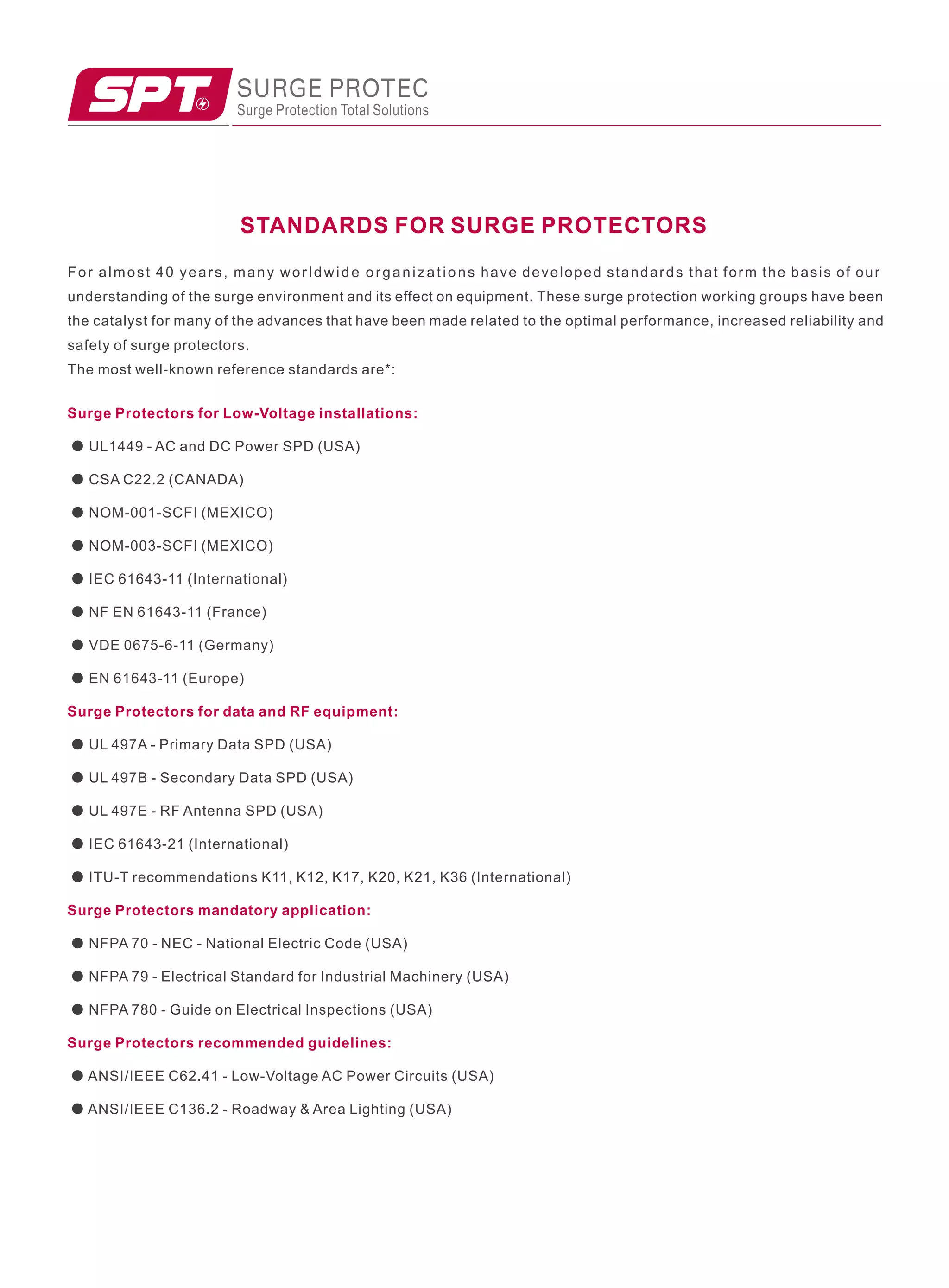 SURGE PROTEC
Surge Protection Total Solutions
STANDARDS FOR SURGE PROTECTORS
Surge Protectors for Low-Voltage installations:
● UL1449 - AC and DC Power SPD (USA)
● CSA C22.2 (CANADA)
● NOM-001-SCFI (MEXICO)
● NOM-003-SCFI (MEXICO)
● IEC 61643-11 (International)
● NF EN 61643-11 (France)
● VDE 0675-6-11 (Germany)
● EN 61643-11 (Europe)
Surge Protectors for data and RF equipment:
● UL 497A - Primary Data SPD (USA)
● UL 497B - Secondary Data SPD (USA)
● UL 497E - RF Antenna SPD (USA)
● IEC 61643-21 (International)
● ITU-T recommendations K11, K12, K17, K20, K21, K36 (International)
Surge Protectors mandatory application:
● NFPA 70 - NEC - National Electric Code (USA)
● NFPA 79 - Electrical Standard for Industrial Machinery (USA)
● NFPA 780 - Guide on Electrical Inspections (USA)
Surge Protectors recommended guidelines:
● ANSI/IEEE C62.41 - Low-Voltage AC Power Circuits (USA)
● ANSI/IEEE C136.2 - Roadway  Area Lighting (USA)
For almost 40 years, many worldwide organizations have developed standards that form the basis of our
understanding of the surge environment and its effect on equipment. These surge protection working groups have been
the catalyst for many of the advances that have been made related to the optimal performance, increased reliability and
safety of surge protectors.
The most well-known reference standards are*:
 