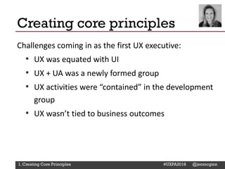 @Deckerdynamic @bobthomas @jenmcginn
Challenges coming in as the first UX executive:
• UX was equated with UI
• UX + UA was a newly formed group
• UX activities were “contained” in the development
group
• UX wasn’t tied to business outcomes
Creating core principles
1. Creating Core Principles #UXPA2018 @jenmcginn
 