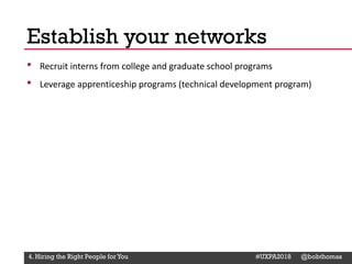 @Deckerdynamic @bobthomas @jenmcginn
• Recruit interns from college and graduate school programs
• Leverage apprenticeship programs (technical development program)
Establish your networks
4. Hiring the Right People for You #UXPA2018 @bobthomas
 