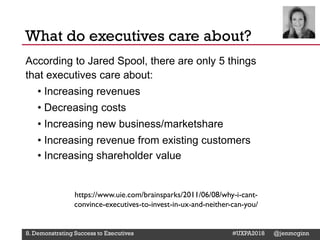 @Deckerdynamic @bobthomas @jenmcginn
What do executives care about?
According to Jared Spool, there are only 5 things
that executives care about:
• Increasing revenues
• Decreasing costs
• Increasing new business/marketshare
• Increasing revenue from existing customers
• Increasing shareholder value
8. Demonstrating Success to Executives #UXPA2018 @jenmcginn
https://www.uie.com/brainsparks/2011/06/08/why-i-cant-
convince-executives-to-invest-in-ux-and-neither-can-you/
 