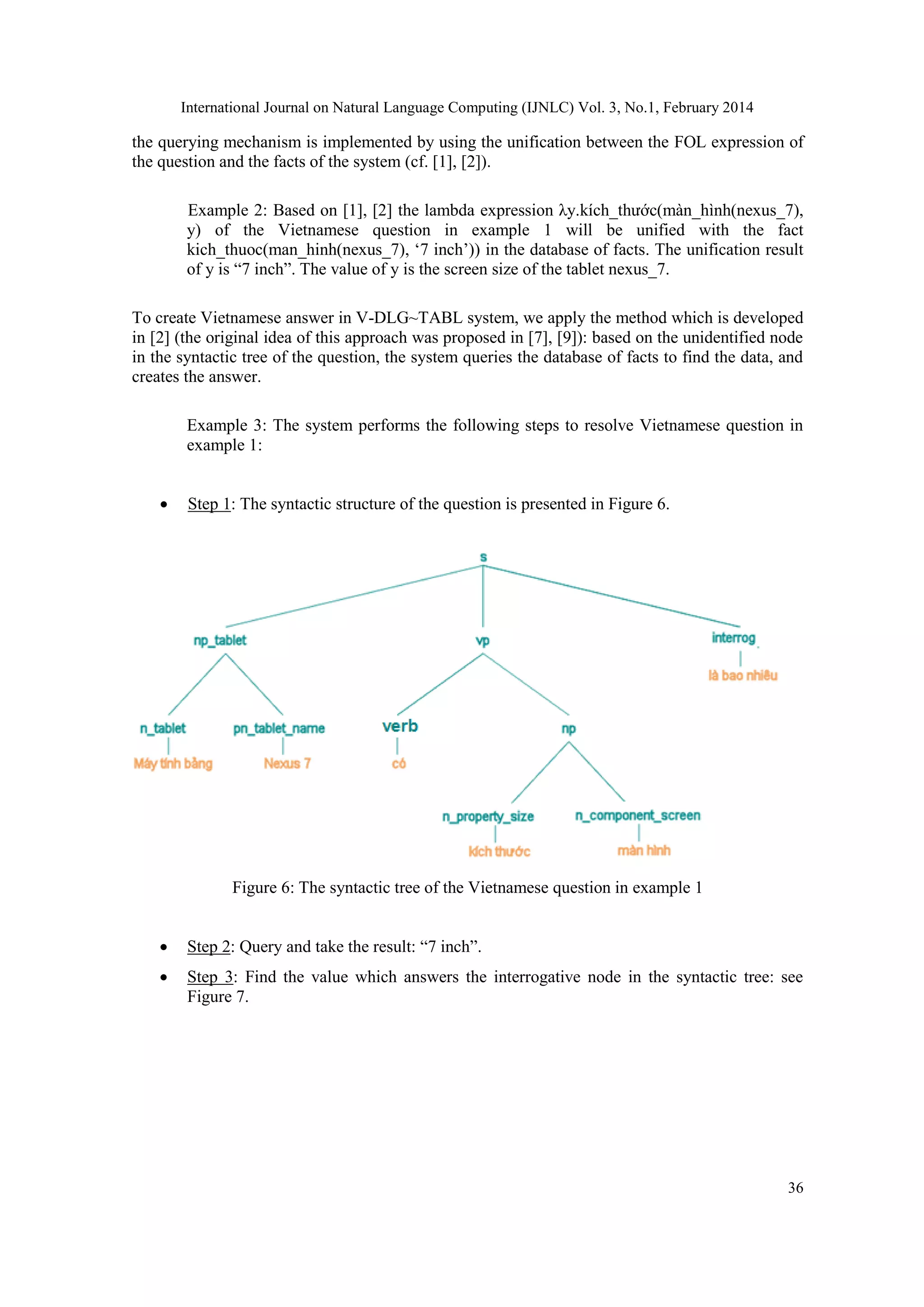 International Journal on Natural Language Computing (IJNLC) Vol. 3, No.1, February 2014
36
the querying mechanism is implemented by using the unification between the FOL expression of
the question and the facts of the system (cf. [1], [2]).
Example 2: Based on [1], [2] the lambda expression λy.kích_thước(màn_hình(nexus_7),
y) of the Vietnamese question in example 1 will be unified with the fact
kich_thuoc(man_hinh(nexus_7), ‘7 inch’)) in the database of facts. The unification result
of y is “7 inch”. The value of y is the screen size of the tablet nexus_7.
To create Vietnamese answer in V-DLG~TABL system, we apply the method which is developed
in [2] (the original idea of this approach was proposed in [7], [9]): based on the unidentified node
in the syntactic tree of the question, the system queries the database of facts to find the data, and
creates the answer.
Example 3: The system performs the following steps to resolve Vietnamese question in
example 1:
 Step 1: The syntactic structure of the question is presented in Figure 6.
Figure 6: The syntactic tree of the Vietnamese question in example 1
 Step 2: Query and take the result: “7 inch”.
 Step 3: Find the value which answers the interrogative node in the syntactic tree: see
Figure 7.
 