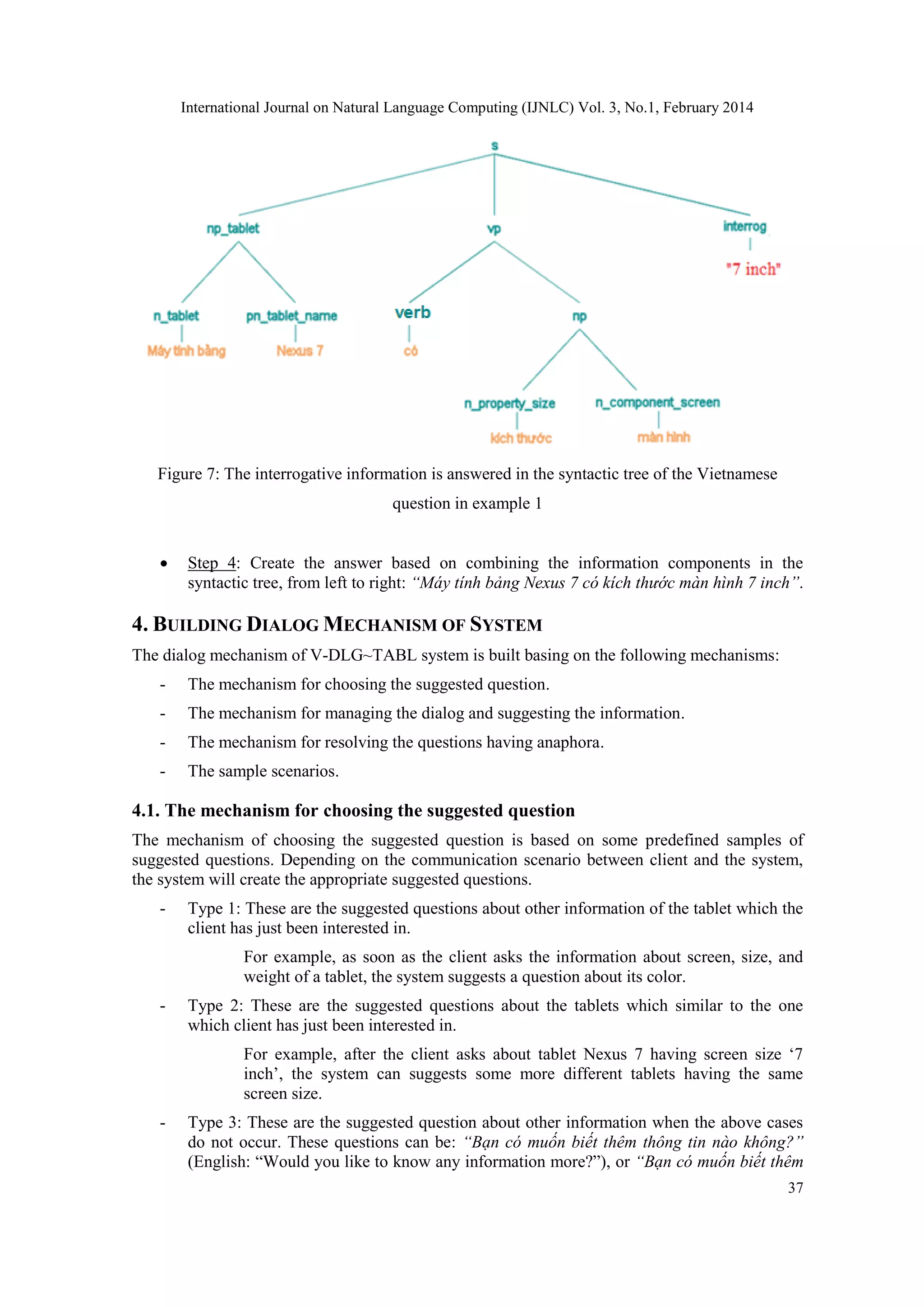 International Journal on Natural Language Computing (IJNLC) Vol. 3, No.1, February 2014
37
Figure 7: The interrogative information is answered in the syntactic tree of the Vietnamese
question in example 1
 Step 4: Create the answer based on combining the information components in the
syntactic tree, from left to right: “Máy tính bảng Nexus 7 có kích thước màn hình 7 inch”.
4. BUILDING DIALOG MECHANISM OF SYSTEM
The dialog mechanism of V-DLG~TABL system is built basing on the following mechanisms:
- The mechanism for choosing the suggested question.
- The mechanism for managing the dialog and suggesting the information.
- The mechanism for resolving the questions having anaphora.
- The sample scenarios.
4.1. The mechanism for choosing the suggested question
The mechanism of choosing the suggested question is based on some predefined samples of
suggested questions. Depending on the communication scenario between client and the system,
the system will create the appropriate suggested questions.
- Type 1: These are the suggested questions about other information of the tablet which the
client has just been interested in.
For example, as soon as the client asks the information about screen, size, and
weight of a tablet, the system suggests a question about its color.
- Type 2: These are the suggested questions about the tablets which similar to the one
which client has just been interested in.
For example, after the client asks about tablet Nexus 7 having screen size ‘7
inch’, the system can suggests some more different tablets having the same
screen size.
- Type 3: These are the suggested question about other information when the above cases
do not occur. These questions can be: “Bạn có muốn biết thêm thông tin nào không?”
(English: “Would you like to know any information more?”), or “Bạn có muốn biết thêm
 