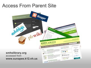 Access From Parent Site
smhslibrary.org
accessed from
www.sunapee.k12.nh.us
 