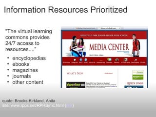 Information Resources Prioritized
"The virtual learning
commons provides
24/7 access to
resources...."
• encyclopedias
• ebooks
• magazines
• journals
• other content
quote: Brooks-Kirkland, Anita
site: www.rpps.net/RPHS/mc.html (link)
 