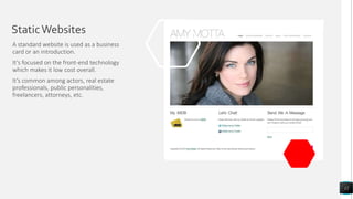 StaticWebsites
A standard website is used as a business
card or an introduction.
It’s focused on the front-end technology
which makes it low cost overall.
It’s common among actors, real estate
professionals, public personalities,
freelancers, attorneys, etc.
12
 