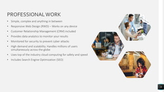PROFESSIONALWORK
26
• Simple, complex and anything in between
• Responsive Web Design (RWD) – Works on any device
• Customer Relationship Management (CRM) included
• Provides data analytics to monitor your results
• Monitored for security to prevent cyber attacks
• High demand and scalability. Handles millions of users
simultaneously across the globe
• Uses top of the industry cloud computing for safety and speed
• Includes Search Engine Optimization (SEO)
 