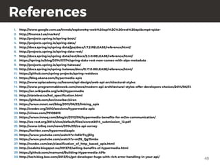 48
References
1. http://www.google.com.ua/trends/explore#q=web%20api%2C%20rest%20api&cmpt=q&tz=
2. http://ﬁnance.i.ua/market/
3. http://projects.spring.io/spring-boot/
4. http://projects.spring.io/spring-data/
5. http://docs.spring.io/spring-data/jpa/docs/1.7.2.RELEASE/reference/html/
6. http://projects.spring.io/spring-data-rest/
7. http://docs.spring.io/spring-data/rest/docs/2.3.0.RELEASE/reference/html/
8. https://spring.io/blog/2014/07/14/spring-data-rest-now-comes-with-alps-metadata
9. http://projects.spring.io/spring-hateoas/
10. http://docs.spring.io/spring-hateoas/docs/0.17.0.RELEASE/reference/html/
11. https://github.com/spring-projects/spring-restdocs
12. https://blog.akana.com/hypermedia-apis
13. http://www.apiacademy.co/lessons/api-design/web-api-architectural-styles
14. http://www.programmableweb.com/news/modern-api-architectural-styles-offer-developers-choices/2014/06/13
15. https://en.wikipedia.org/wiki/Hypermedia
16. http://stateless.co/hal_speciﬁcation.html
17. https://github.com/kevinswiber/siren
18. https://www.mnot.net/blog/2013/06/23/linking_apis
19. http://oredev.org/2010/sessions/hypermedia-apis
20. http://vimeo.com/75106815
21. https://www.innoq.com/blog/st/2012/06/hypermedia-beneﬁts-for-m2m-communication/
22. http://ws-rest.org/2014/sites/default/ﬁles/wsrest2014_submission_12.pdf
23. http://www.infoq.com/news/2014/03/ca-api-survey
24. https://twitter.com/hypermediaapis
25. https://www.youtube.com/watch?v=hdSrT4yjS1g
26. https://www.youtube.com/watch?v=mZ8_QgJ5mbs
27. http://nordsc.com/ext/classiﬁcation_of_http_based_apis.html
28. http://soabits.blogspot.no/2013/12/selling-beneﬁts-of-hypermedia.html
29. https://github.com/mamund/Building-Hypermedia-APIs
30. http://tech.blog.box.com/2013/04/get-developer-hugs-with-rich-error-handling-in-your-api/
 