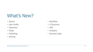 What’s New?
• Search
• User Profile
• Taxonomy
• Feeds
• Publishing
• Sharing
Building Windows Store apps for SharePoint 2013 19
• Workflow
• E-Discovery
• IRM
• Analytics
• Business Data
 