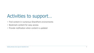 Activities to support…
• Find content in numerous SharePoint environments
• Bookmark content for easy access
• Provide notification when content is updated
Building Windows Store apps for SharePoint 2013 9
 