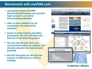 Benchmark with myVDM.com companies joining the VDM Benchmarking Program get secured login access to our online benchmarking database after  on-site validation  by our consultants, the data will be activated based on (sub) industry and other parameters, the tool will select the best set of benchmarking peers the tool will not only show your current performance at a glance, but directly calculate the improvement potential the tool will guide you through the process of defining your winning strategy 