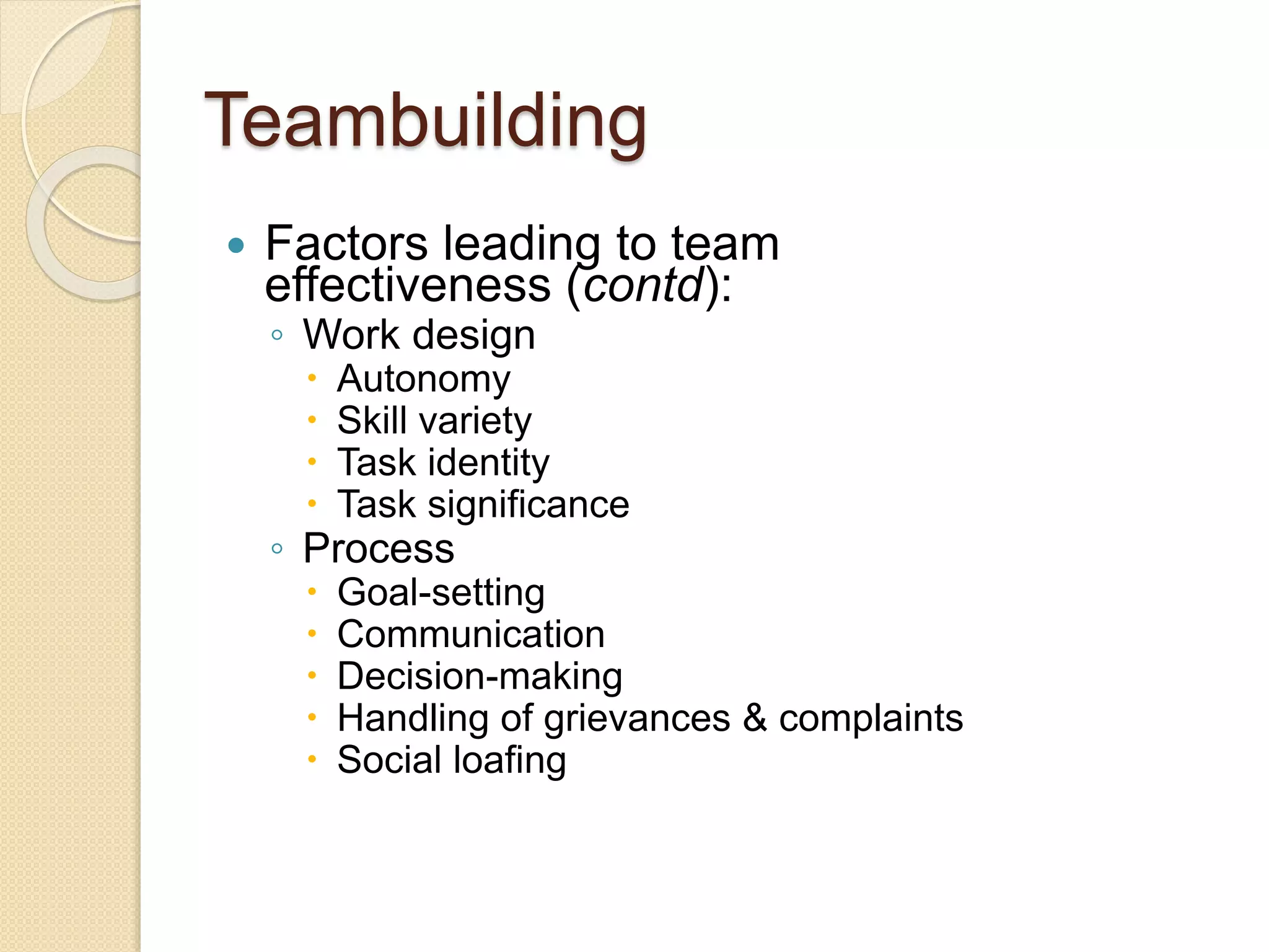 Teambuilding
 Factors leading to team
effectiveness (contd):
◦ Work design
 Autonomy
 Skill variety
 Task identity
 Task significance
◦ Process
 Goal-setting
 Communication
 Decision-making
 Handling of grievances & complaints
 Social loafing
 