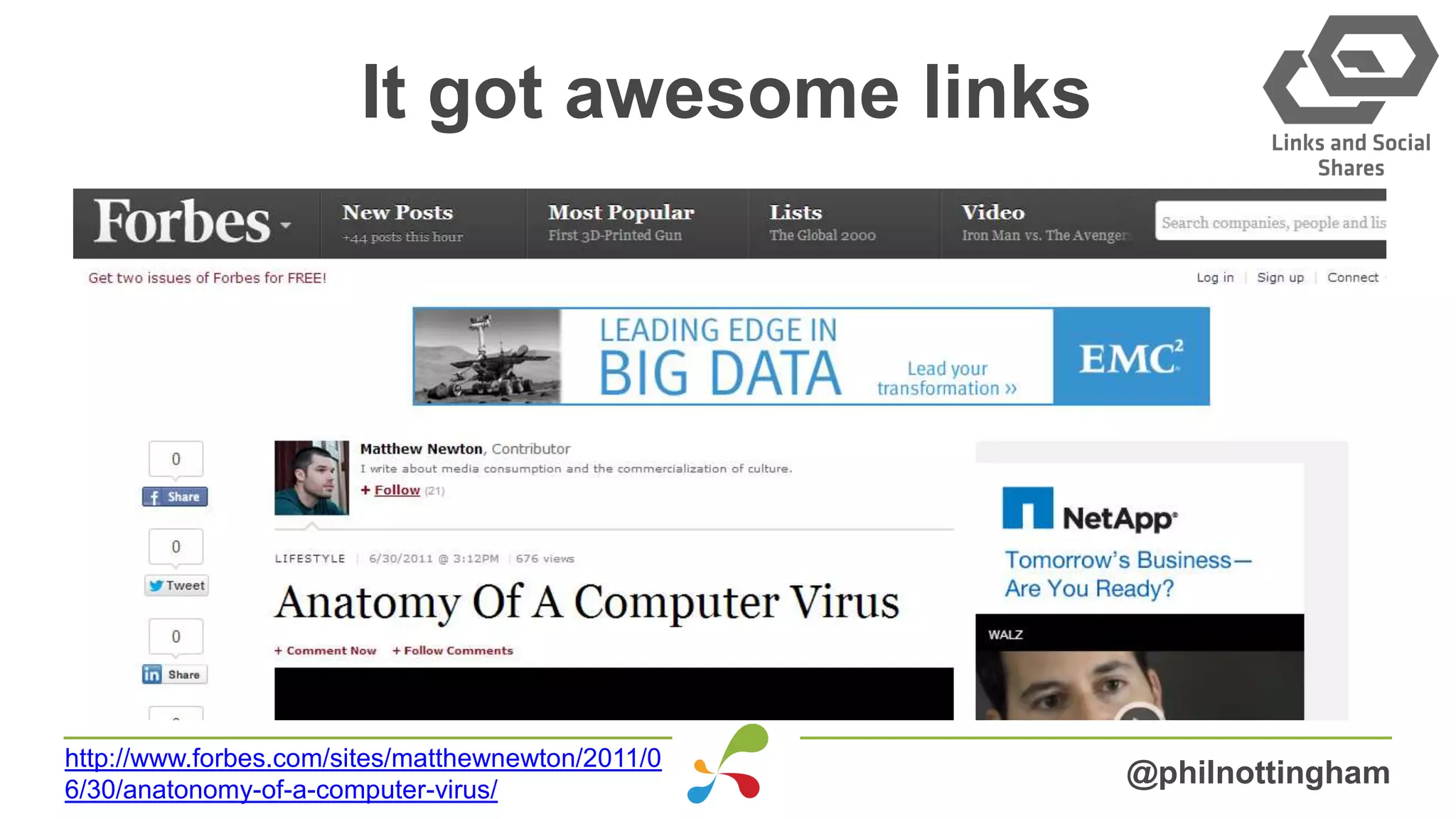 It got awesome links
@philnottingham
http://www.forbes.com/sites/matthewnewton/2011/0
6/30/anatonomy-of-a-computer-virus/
 