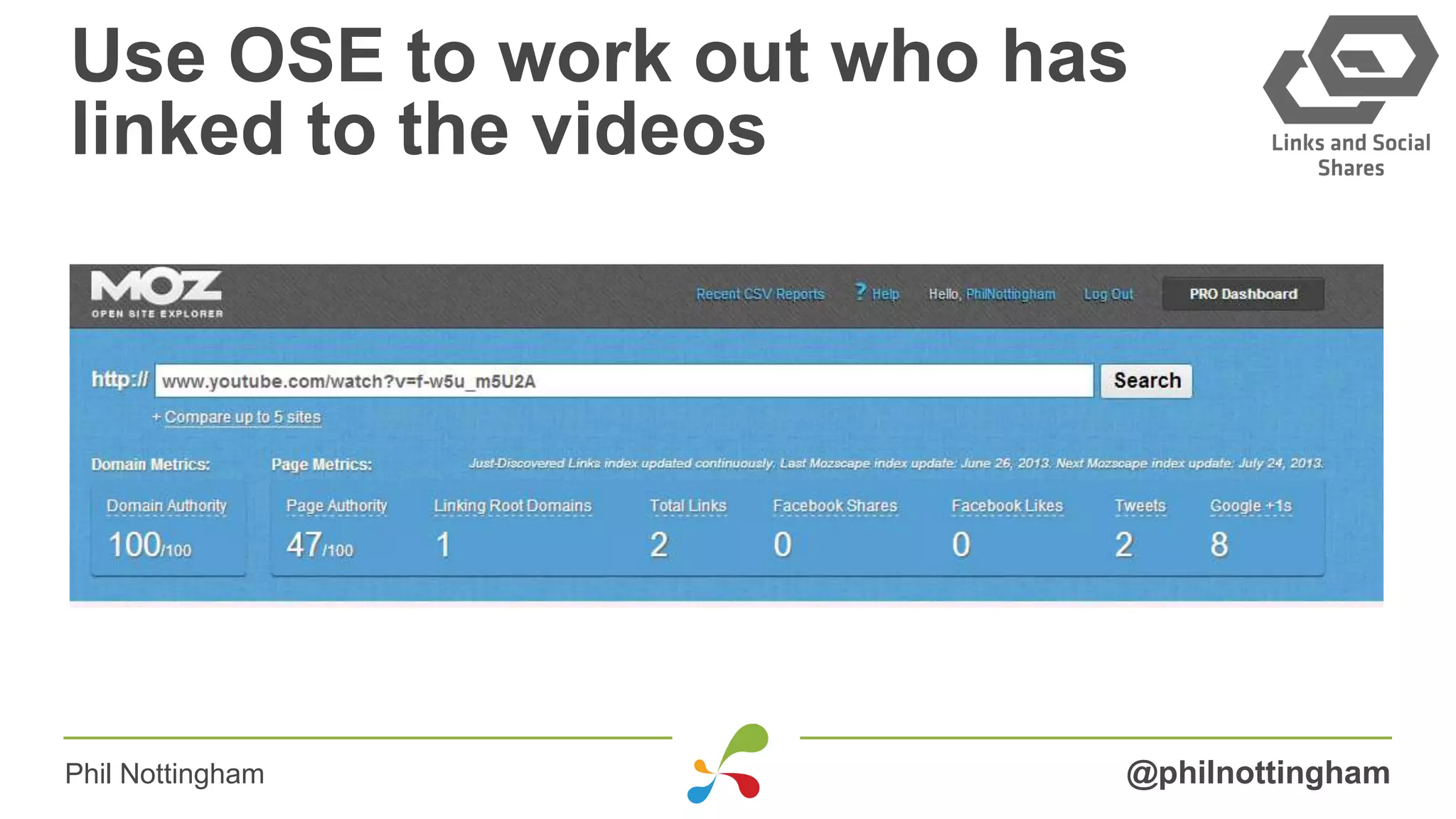 Use OSE to work out who has
linked to the videos
@philnottinghamPhil Nottingham
 