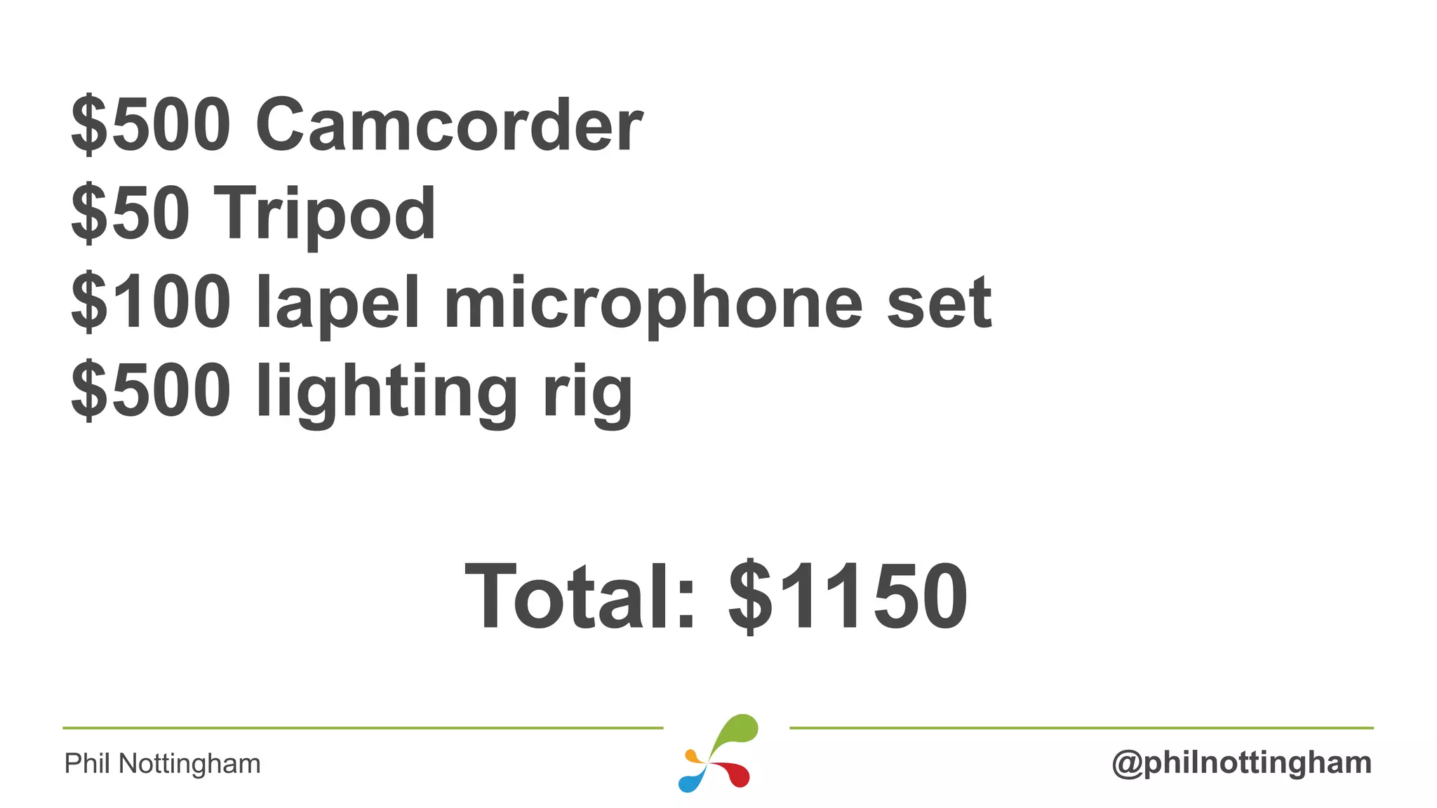 $500 Camcorder
$50 Tripod
$100 lapel microphone set
$500 lighting rig
Total: $1150
@philnottinghamPhil Nottingham
 