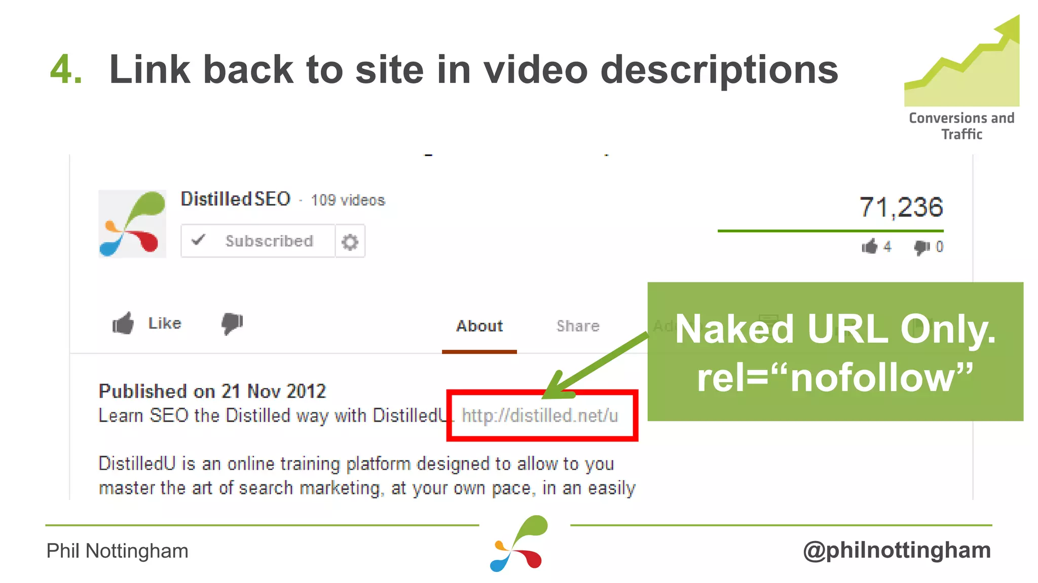 4. Link back to site in video descriptions
@philnottinghamPhil Nottingham
Naked URL Only.
rel=“nofollow”
 