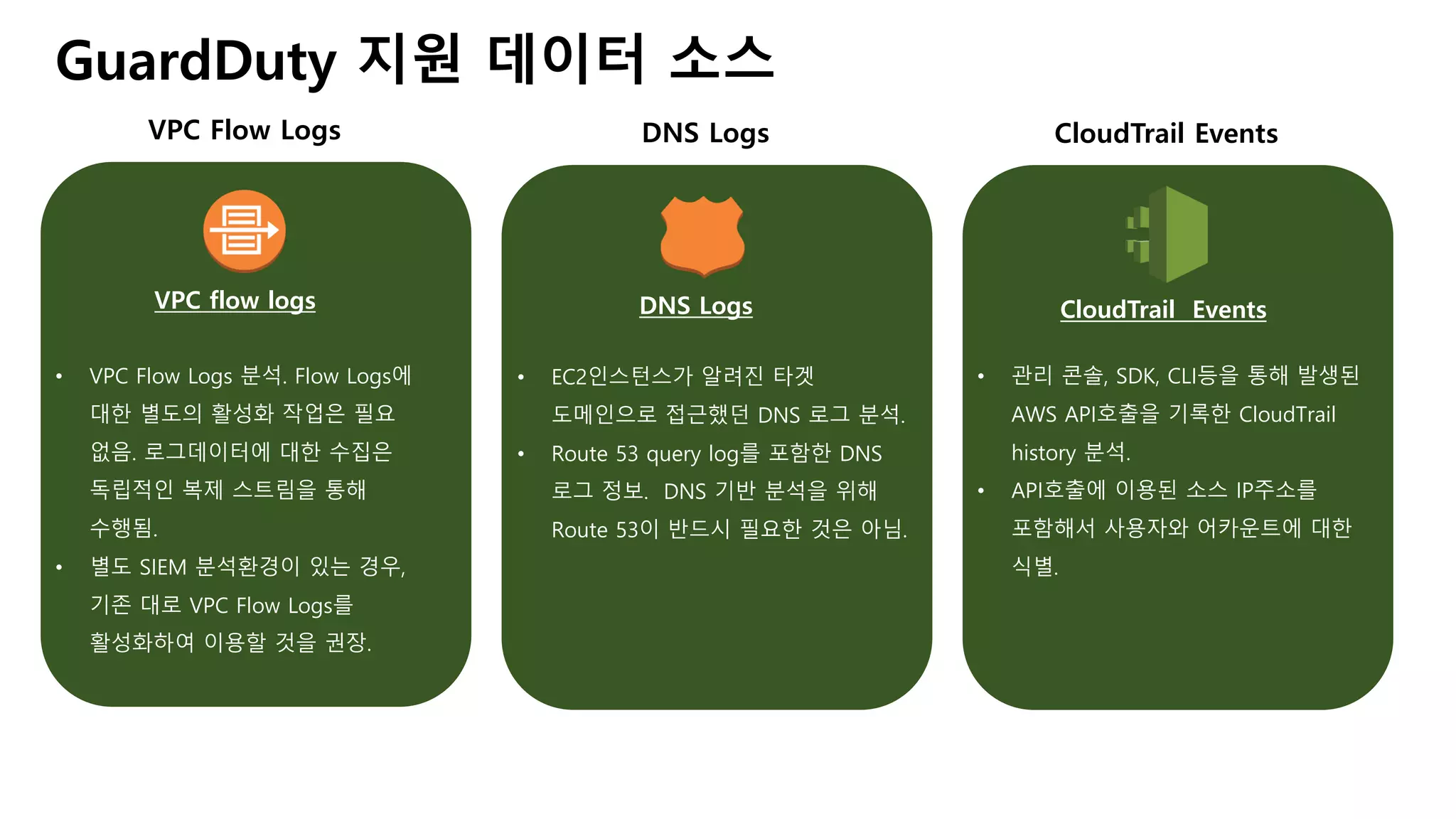 GuardDuty 지원 데이터 소스
VPC Flow Logs
VPC flow logs
• VPC Flow Logs 분석. Flow Logs에
대한 별도의 활성화 작업은 필요
없음. 로그데이터에 대한 수집은
독립적인 복제 스트림을 통해
수행됨.
• 별도 SIEM 분석환경이 있는 경우,
기존 대로 VPC Flow Logs를
활성화하여 이용할 것을 권장.
DNS Logs
DNS Logs
• EC2인스턴스가 알려진 타겟
도메인으로 접근했던 DNS 로그 분석.
• Route 53 query log를 포함한 DNS
로그 정보. DNS 기반 분석을 위해
Route 53이 반드시 필요한 것은 아님.
CloudTrail Events
CloudTrail Events
• 관리 콘솔, SDK, CLI등을 통해 발생된
AWS API호출을 기록한 CloudTrail
history 분석.
• API호출에 이용된 소스 IP주소를
포함해서 사용자와 어카운트에 대한
식별.
 