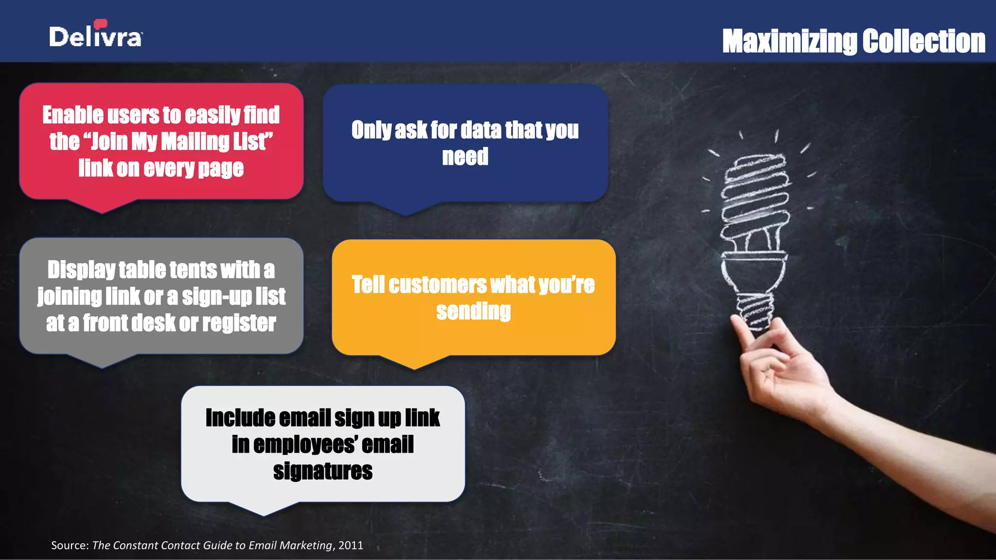 Maximizing Collection
Enable users to easily find
the “Join My Mailing List”
link on every page
Only ask for data that you
need
Tell customers what you’re
sending
Display table tents with a
joining link or a sign-up list
at a front desk or register
Include email sign up link
in employees’ email
signatures
Source: The Constant Contact Guide to Email Marketing, 2011
 