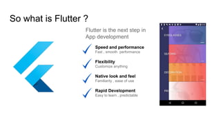 So what is Flutter ?
Flutter is the next step in
App development
Speed and performance
Fast , smooth performance
Flexibility
Customize anything
Native look and feel
Familiarity , ease of use
Rapid Development
Easy to learn , predictable
 