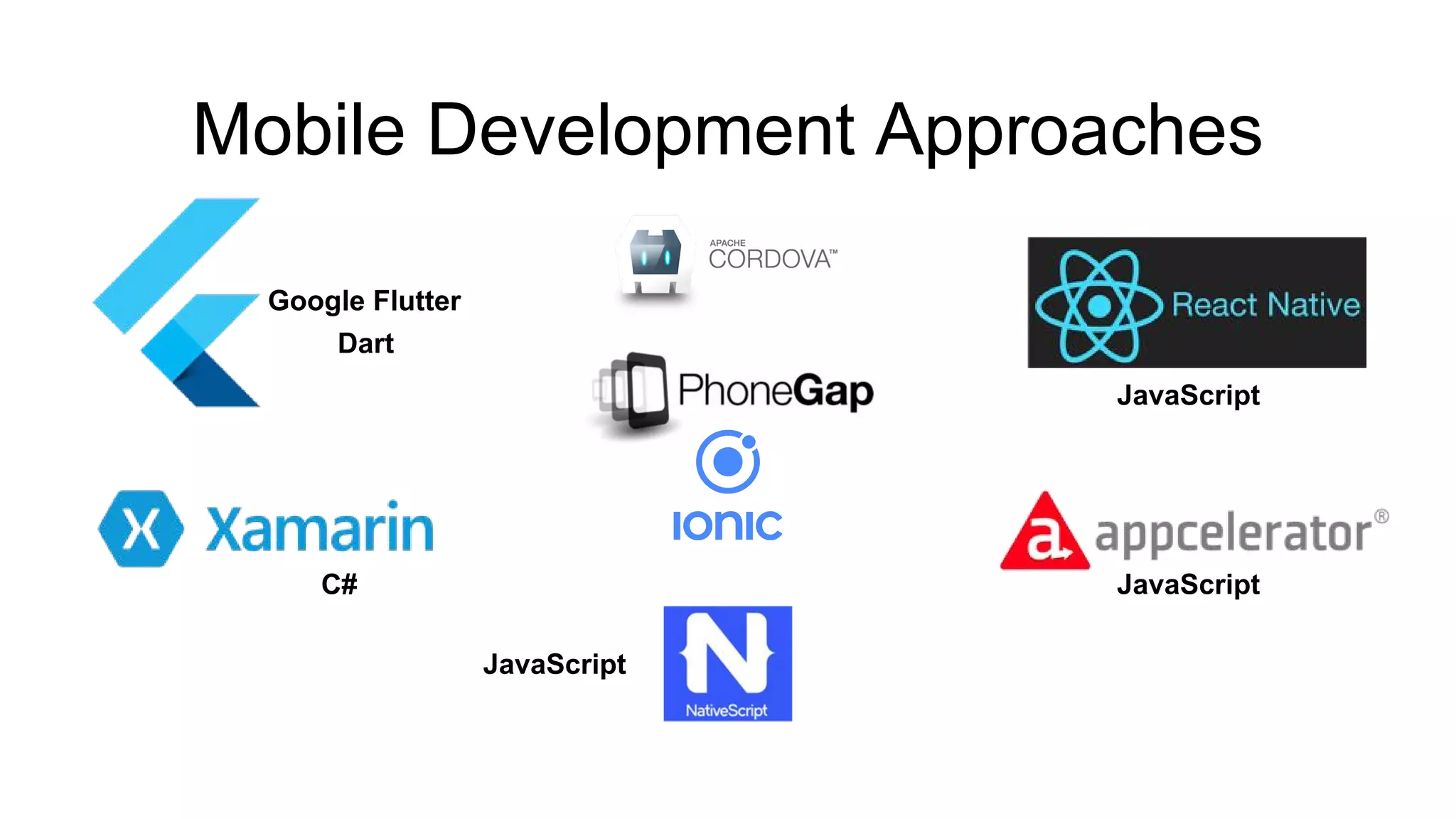 Mobile Development Approaches
Google Flutter
JavaScript
JavaScript
JavaScript
C#
Dart
 