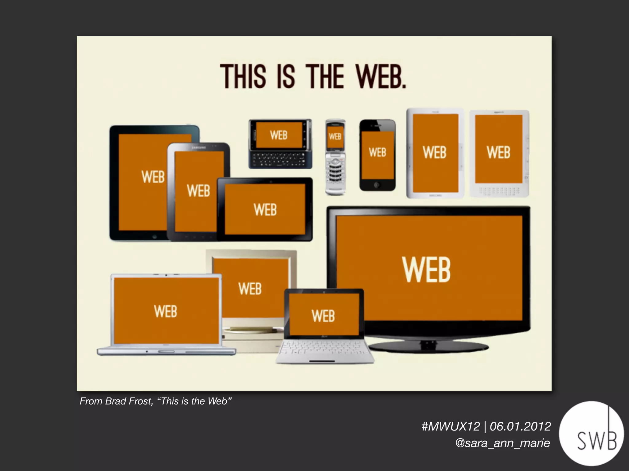 From Brad Frost, “This is the Web”

                                     #MWUX12 | 06.01.2012
                                         @sara_ann_marie
 