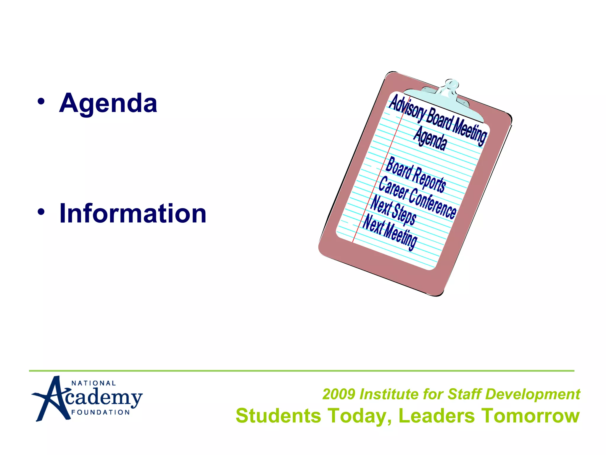 Agenda Information Advisory Board Meeting Agenda Board Reports Career Conference Next Steps Next Meeting 