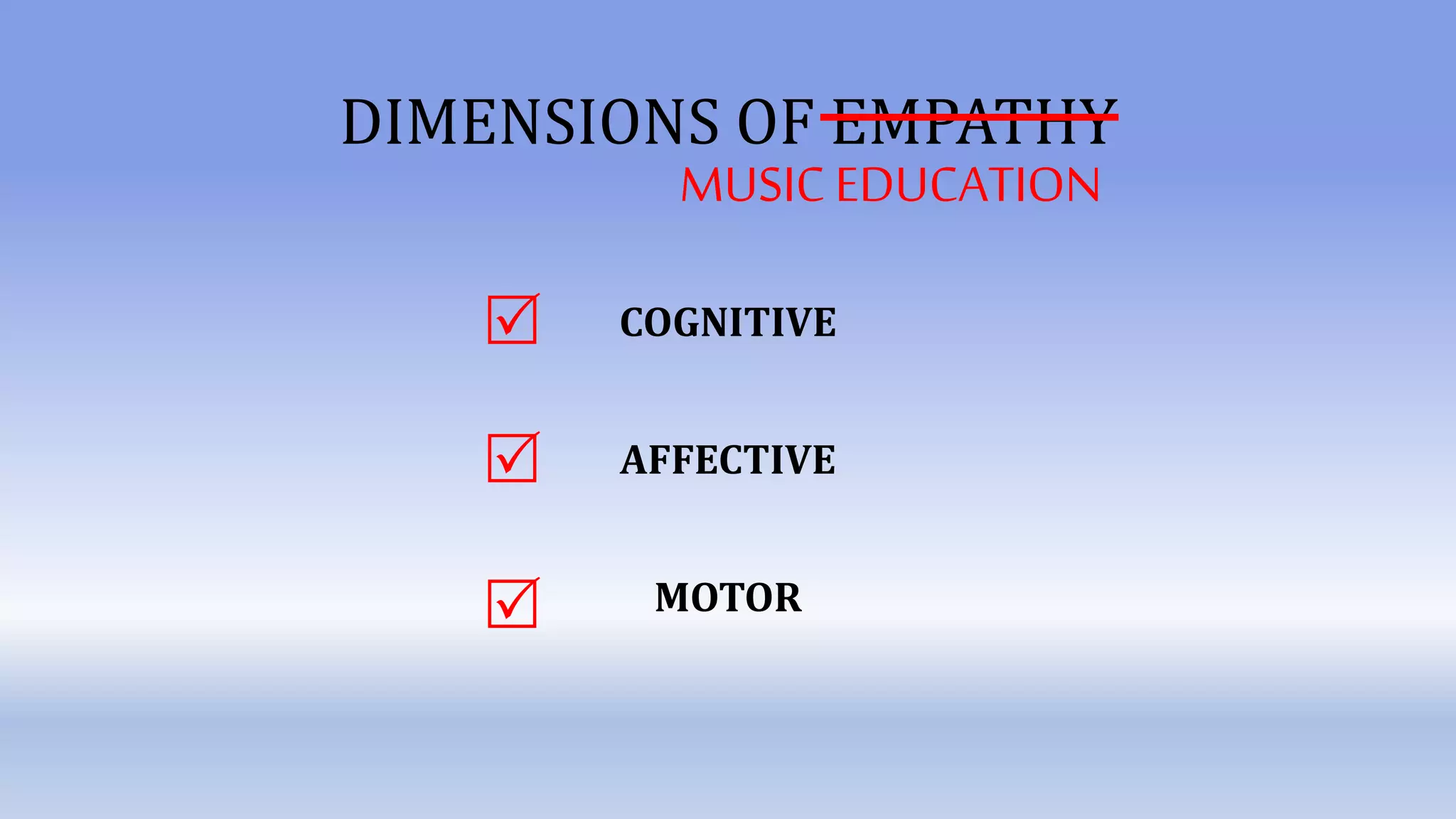 DIMENSIONS OF EMPATHY
COGNITIVE
AFFECTIVE
MOTOR
MUSICEDUCATION
R
R
R
 
