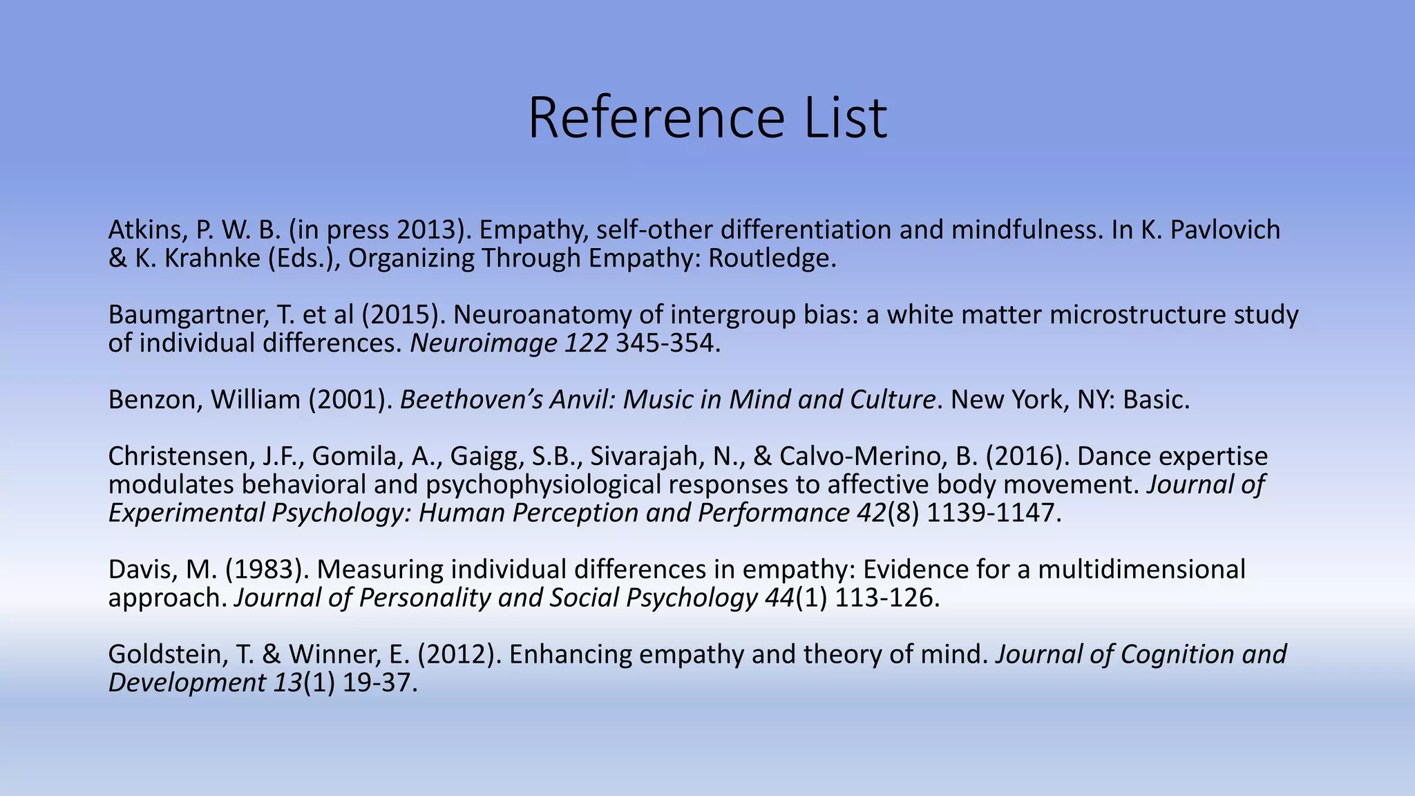 Reference List
Atkins, P. W. B. (in press 2013). Empathy, self-other differentiation and mindfulness. In K. Pavlovich
& K. Krahnke (Eds.), Organizing Through Empathy: Routledge.
Baumgartner, T. et al (2015). Neuroanatomy of intergroup bias: a white matter microstructure study
of individual differences. Neuroimage 122 345-354.
Benzon, William (2001). Beethoven’s Anvil: Music in Mind and Culture. New York, NY: Basic.
Christensen, J.F., Gomila, A., Gaigg, S.B., Sivarajah, N., & Calvo-Merino, B. (2016). Dance expertise
modulates behavioral and psychophysiological responses to affective body movement. Journal of
Experimental Psychology: Human Perception and Performance 42(8) 1139-1147.
Davis, M. (1983). Measuring individual differences in empathy: Evidence for a multidimensional
approach. Journal of Personality and Social Psychology 44(1) 113-126.
Goldstein, T. & Winner, E. (2012). Enhancing empathy and theory of mind. Journal of Cognition and
Development 13(1) 19-37.
 