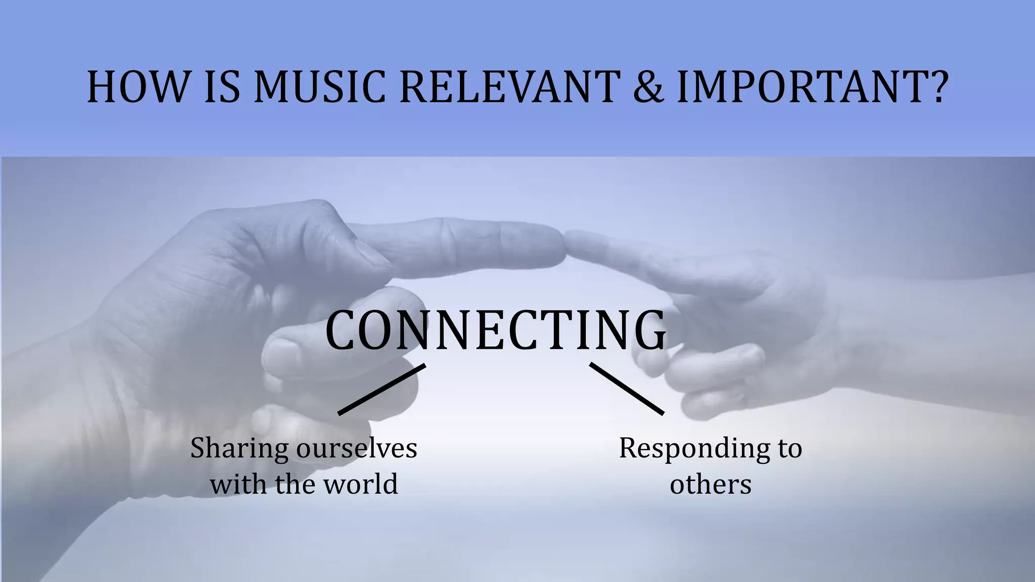 CONNECTING
HOW IS MUSIC RELEVANT & IMPORTANT?
Responding to
others
Sharing ourselves
with the world
 