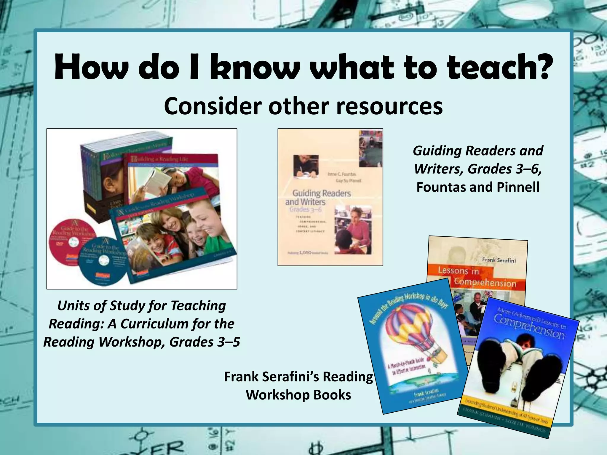 How do I know what to teach?
Consider other resources
Units of Study for Teaching
Reading: A Curriculum for the
Reading Workshop, Grades 3–5
Frank Serafini’s Reading
Workshop Books
Guiding Readers and
Writers, Grades 3–6,
Fountas and Pinnell
 