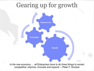 Gearing up for growth
In the new economy … all Enterprises have to do three things to remain
competitive: improve, innovate and expand. – Peter F. Drucker
 