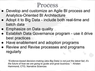 Process
● Develop and customize an Agile BI process and
Analytics-Oriented BI Architecture
● Adopt it to Big Data - include both real-time and
batch data
● Emphasize on Data quality
● Establish Data Governance program - use it drive
best practices
● Have enablement and adoption programs
● Review and Revise processes and programs
regularly
“Evidence-based decision-making (aka Big Data) is not just the latest fad, it's
the future of how we are going to guide and grow business.” - Kristen
Hammond, CTO, Narrative Sciences
 