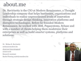 about.me
Dr. Bavirisetty is the CIO at Modern Renaissance, a Thought
Leadership company that helps businesses, organizations and
individuals to realize unprecedented levels of innovation
through strategic design thinking, innovation platforms and
disruptive technologies. Before he founded Modern
Renaissance, he worked with IBM, Pegasystems, Sybase and
with a number of clients helping them modernize their
enterprises as well as build smarter systems, platforms and
solutions.
Dr. Mohan K. Bavirisetty
mohan@emodern.biz
about.me/innovate4good
@innovarch
Research Assistant:
Rachel Fleming rachel@emodern.biz
 