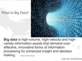 What Is Big Data?
Big data is high-volume, high-velocity and high-
variety information assets that demand cost-
effective, innovative forms of information
processing for enhanced insight and decision
making. Source: Gartner Group.
Image credit: Greenbookblog.org
 