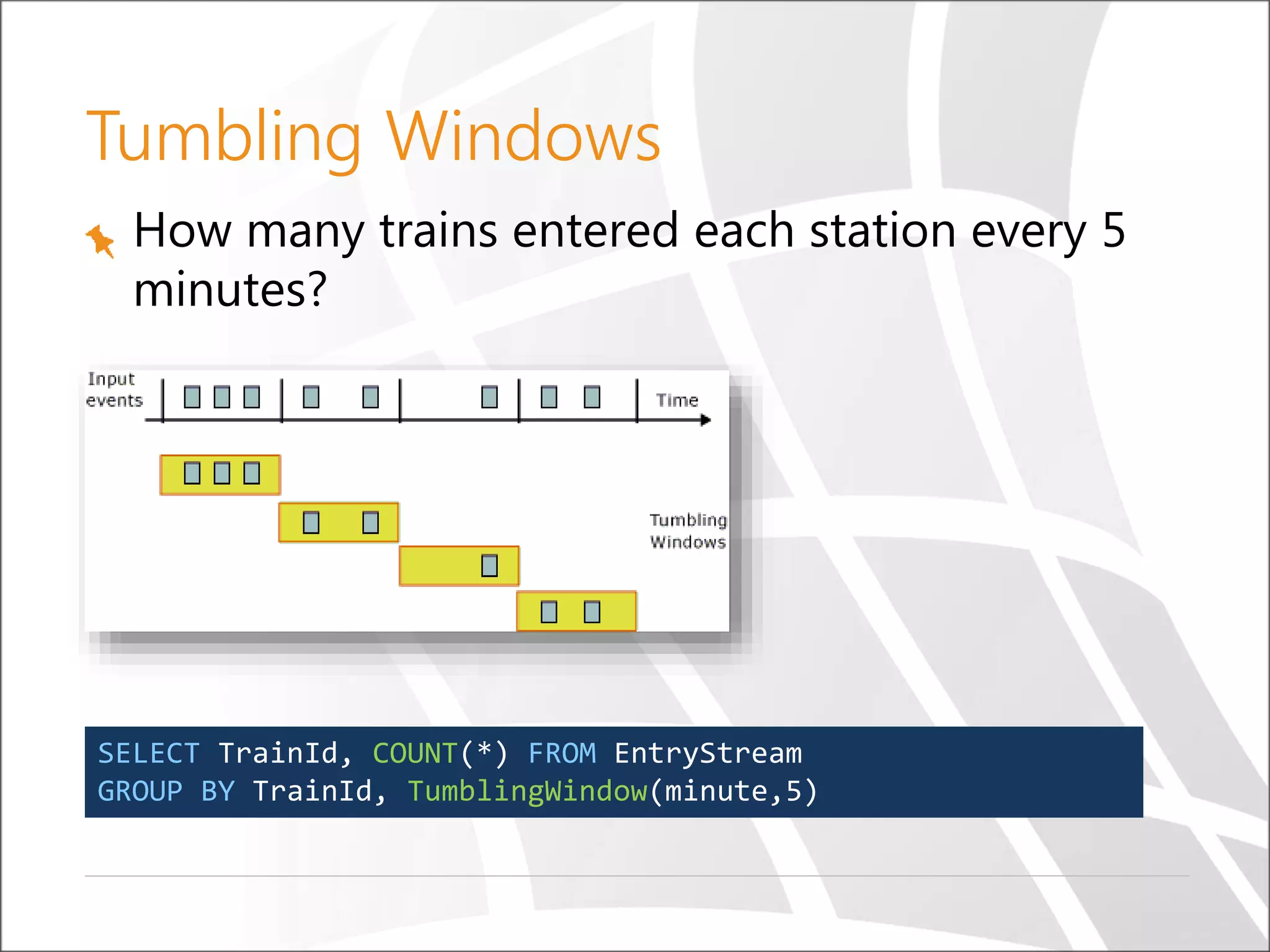 Tumbling Windows
How many trains entered each station every 5
minutes?
SELECT TrainId, COUNT(*) FROM EntryStream
GROUP BY TrainId, TumblingWindow(minute,5)
 