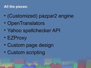 All the pieces: <ul><li>(Customized) pazpar2 engine </li></ul><ul><li>OpenTranslators </li></ul><ul><li>Yahoo spellchecker...