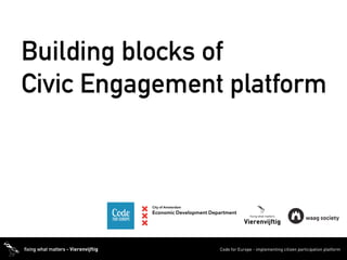 fixing what matters - Vierenvijftig Code for Europe - implementing citizen participation platformCode for Europe - implementing citizen participation platform
Building blocks of
Civic Engagement platform
 