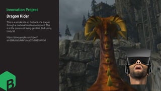 This is a simple ride on the back of a dragon
through a medieval castle environment. This
is in the process of being gamiﬁed. Built using
Unity 3d.
https://drive.google.com/open?
id=0B8loSsEcMlkFUnczQTh5WE5XN2M
Dragon Rider
Innovation Project
 