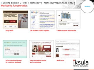Marketing
Daily Deals Get found in search engines Create coupons & discounts
Post Customer reviews
for real time feedback
Send automated emails
and newsletters
Wish Lists
:: Building blocks of E-Retail :: Technology :: Technology requirements today ::
Marketing functionality.
 